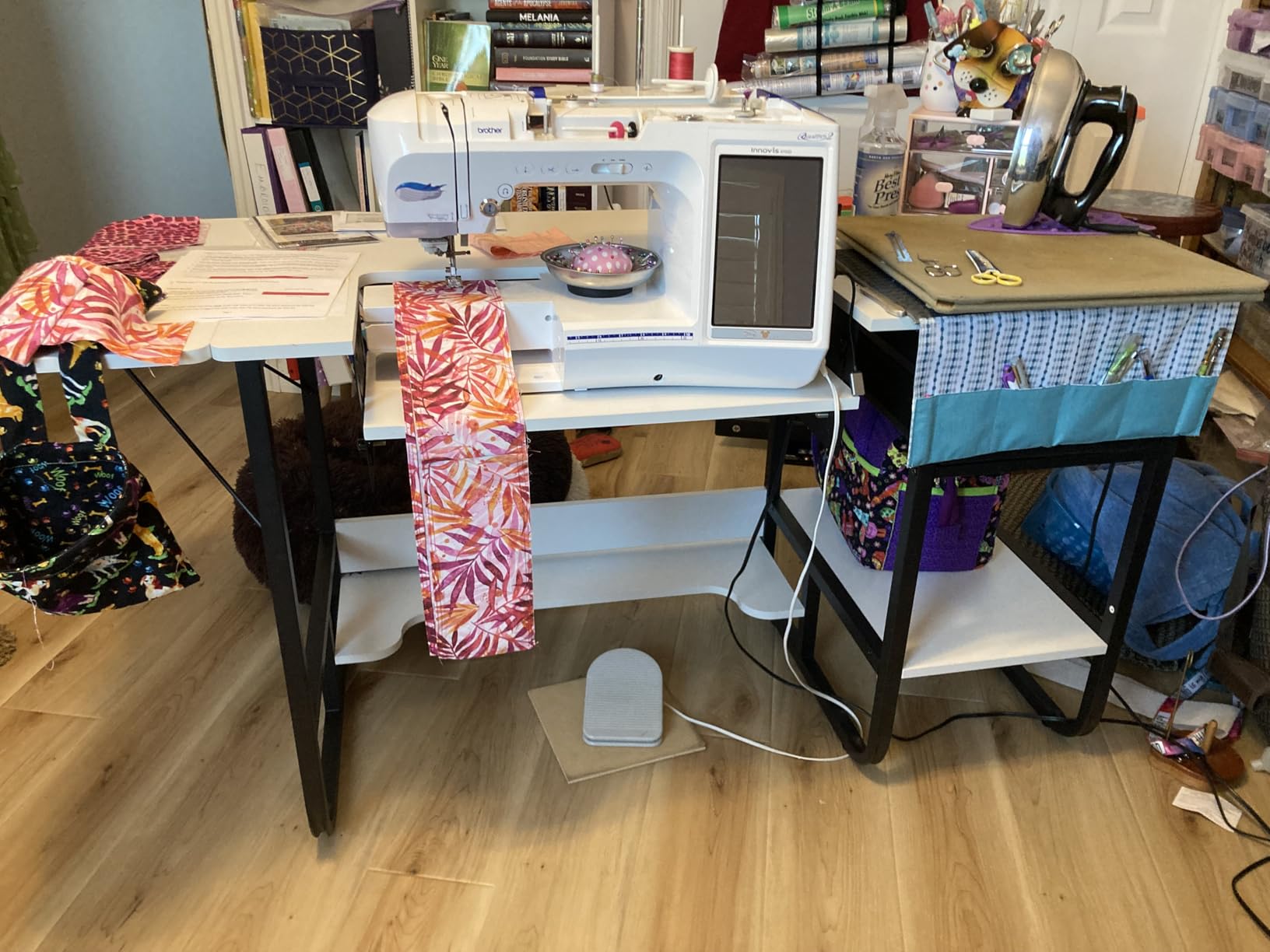 Vividwood Foldable Sewing Machine Table, Multipurpose Sewing Table with Adjustable Platform, Storage Shelf and 2 Cloth Drawers (Warm White) customer photo 1