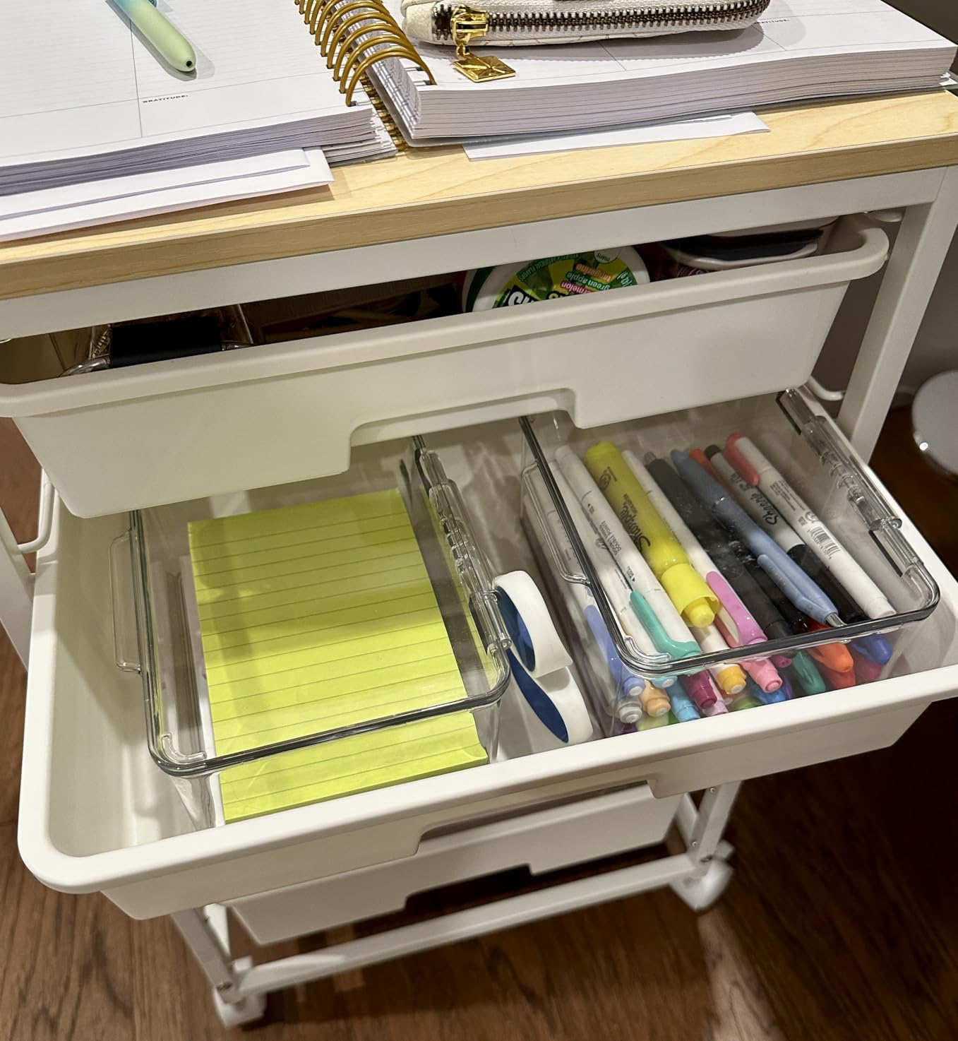 Utility Cart with 5 Drawers, Storage Cart with Wooden Tabletop and Lockable Wheels, Craft Storage Trolley Organizer, 5-Tier Rolling Utility on Wheels, Light Green customer photo 1