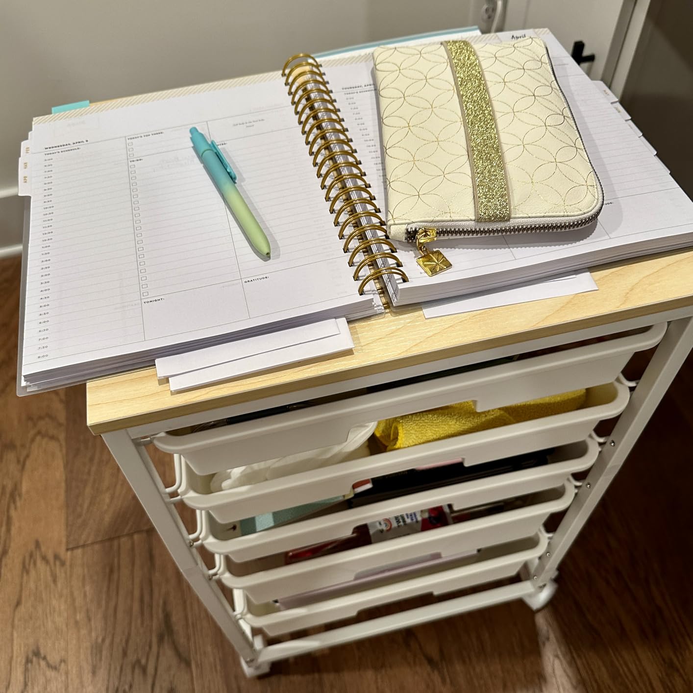 Utility Cart with 5 Drawers, Storage Cart with Wooden Tabletop and Lockable Wheels, Craft Storage Trolley Organizer, 5-Tier Rolling Utility on Wheels, Light Green customer photo 2