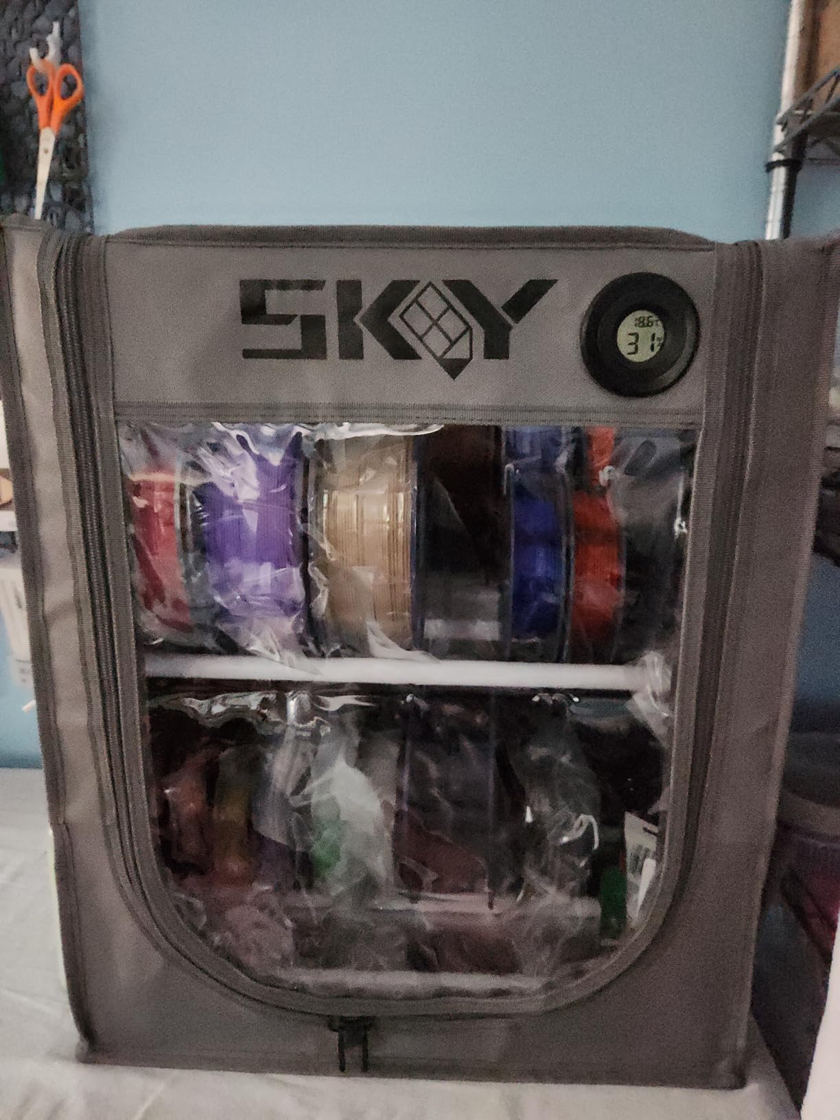 3D Printer Filament Storage Box with Thermo-Hygrometer - 2 Tiers Metal Filament Storage Rack with Cloth Cover,- 3D Filament Holder for Home, Office Workshop, Studio 20 Rolls - Grey customer photo 1