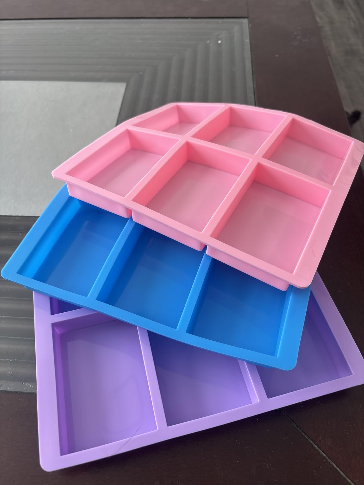 SJ Silicone Soap Molds 3 Packs, Rectangle Soap Molds for Soap Making, 6 Cavity Mold for Homemade Craft Soap Mold, Jelly, Chocolate & Ice Cube Trays(Blue, Purple & Pink) customer photo 1