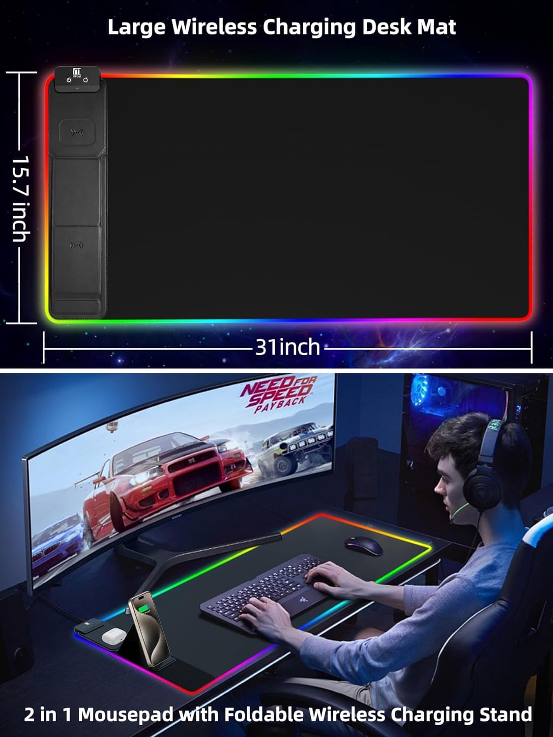 XXL Mouse Pad with Phone Holder, RGB Desk Mat with 15W Fast Charging, LED Large Gaming Mouse Pad with 11 Lights Colors, Long Mouse Pads, Waterproof Non-Slip Desk Pad for Gamer Esports Pros customer photo 1