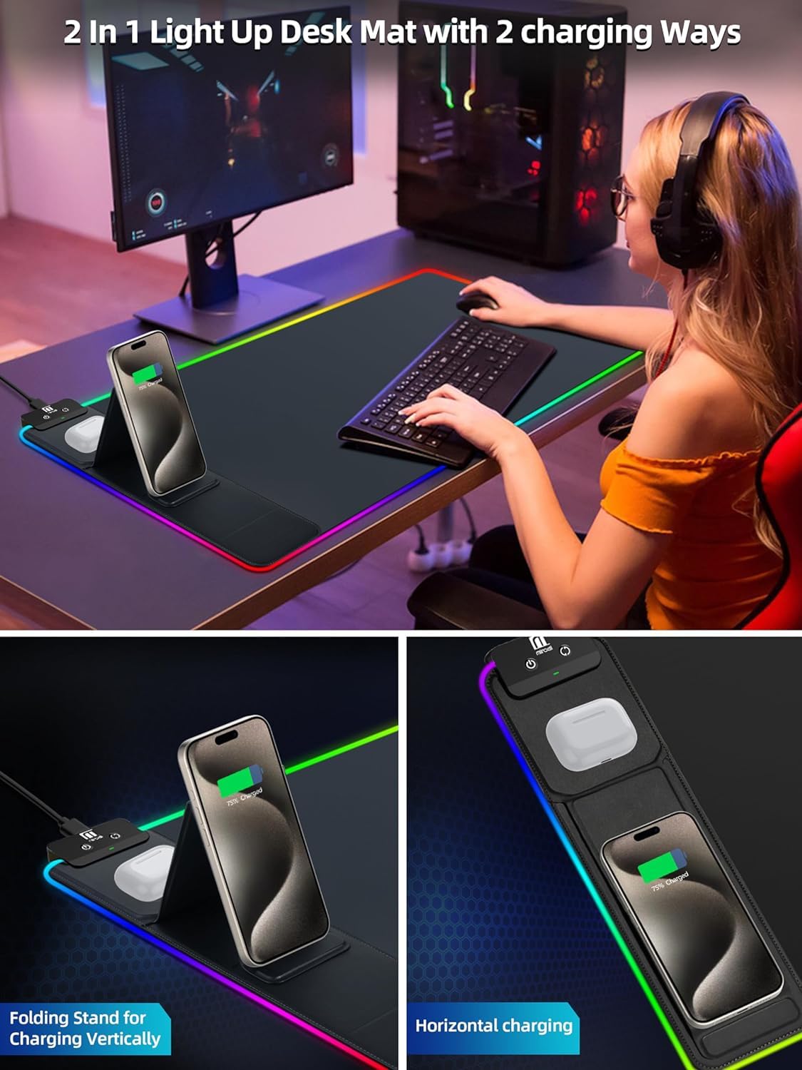 XXL Mouse Pad with Phone Holder, RGB Desk Mat with 15W Fast Charging, LED Large Gaming Mouse Pad with 11 Lights Colors, Long Mouse Pads, Waterproof Non-Slip Desk Pad for Gamer Esports Pros customer photo 2