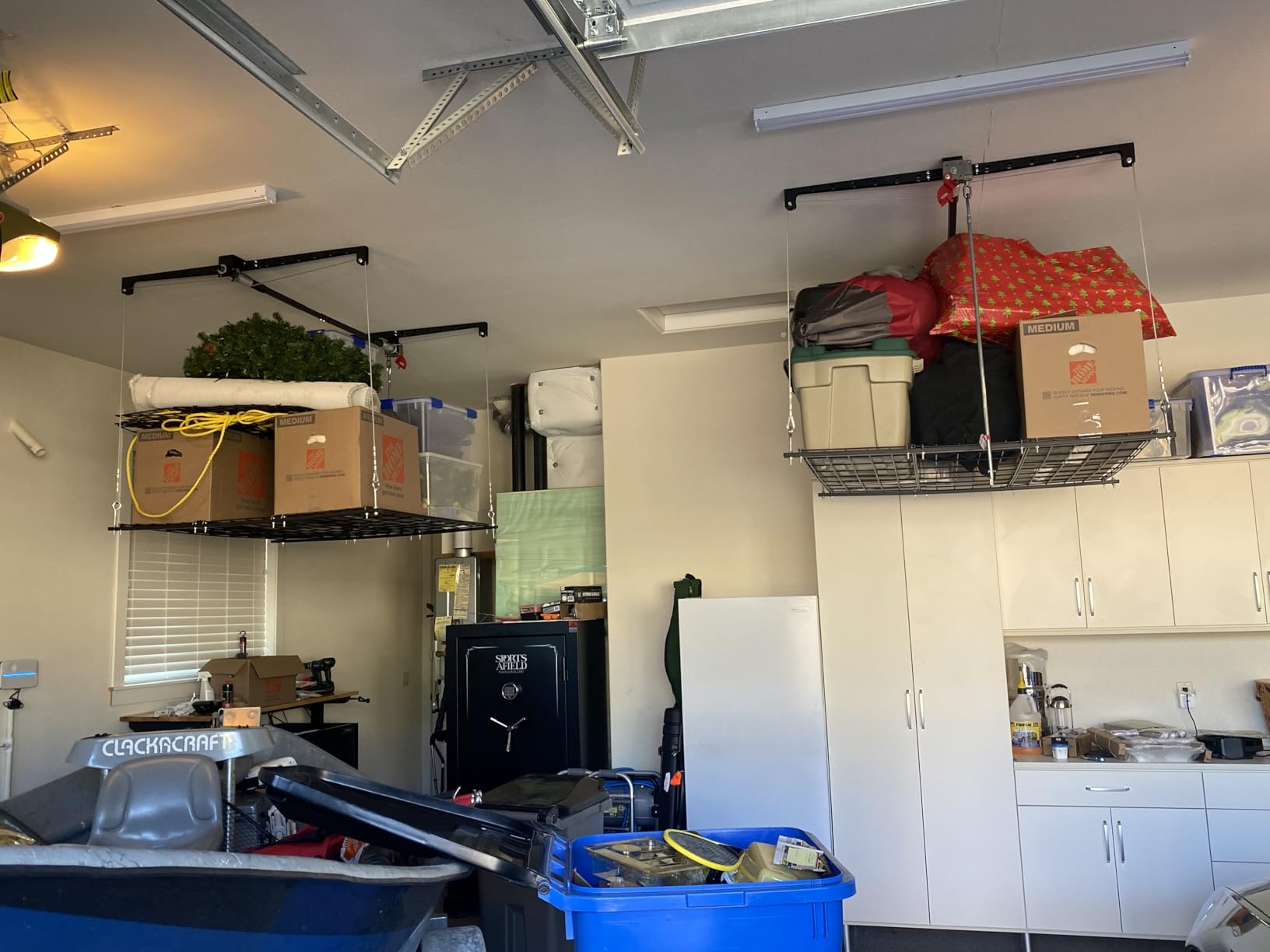 Overhead Garage Storage Lift, Adjustable Heavy-duty 4x4 Ft Ceiling Racks with Safety Lock, Ideal for Storage Lifting Organization System, 250lbs Capacity customer photo 1