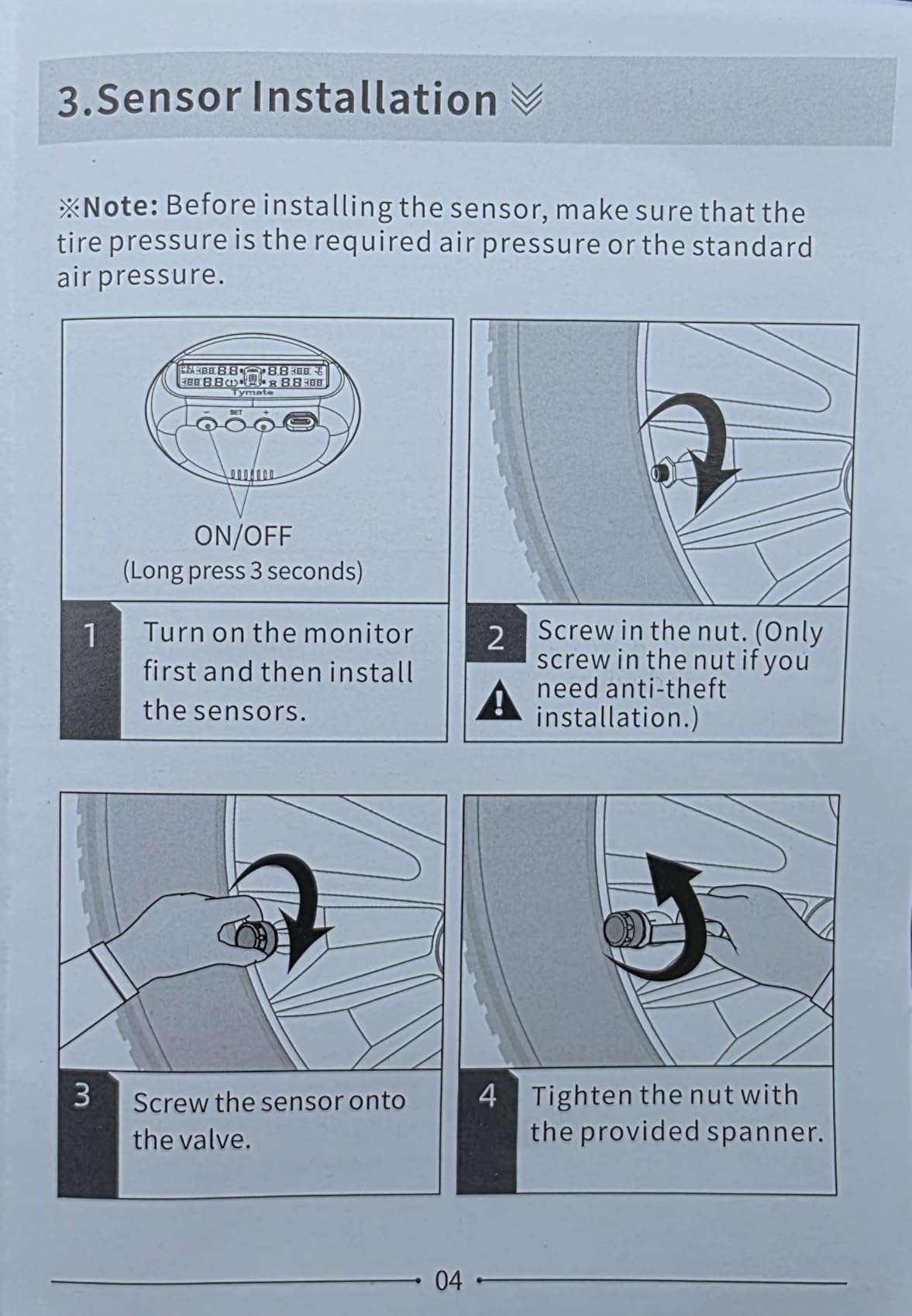 Tymate TM9 Tire Pressure Monitoring System, Compact Wireless Solar TPMS with 4 External Sensors & 6 Alarm Modes, Install on Windshield, Colorful Display, Ideal for RV SUV MPV Truck Sedan (0-87 PSI) customer photo 1