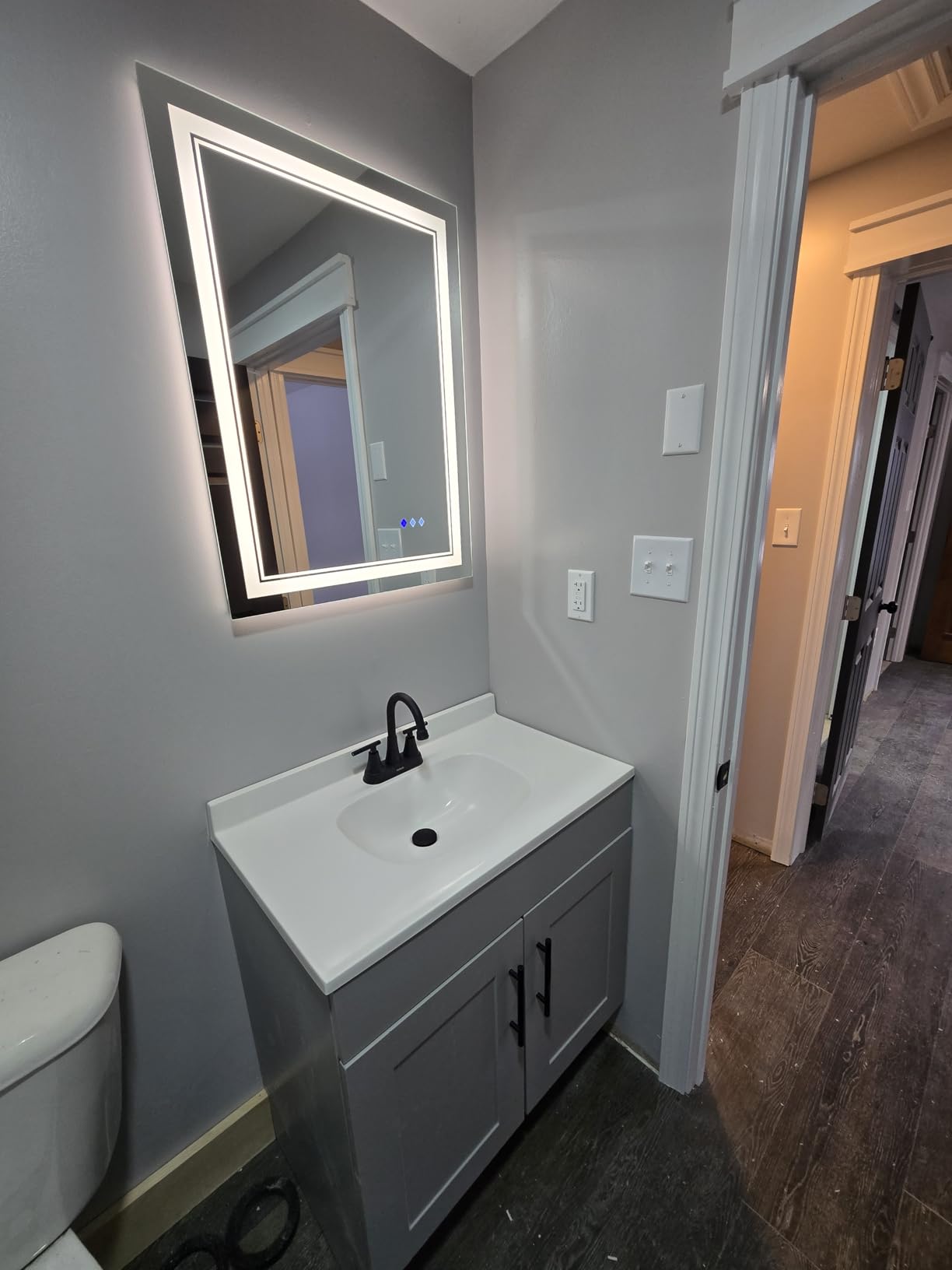 LED Bathroom Mirror, 24x32 Inch Gradient Front and Backlit LED Mirror for Bathroom, 3 Colors Dimmable CRI>90 Double Lights, IP54 Enhanced Anti-Fog, Hanging Plates Vanity Mirror with Lights customer photo 1