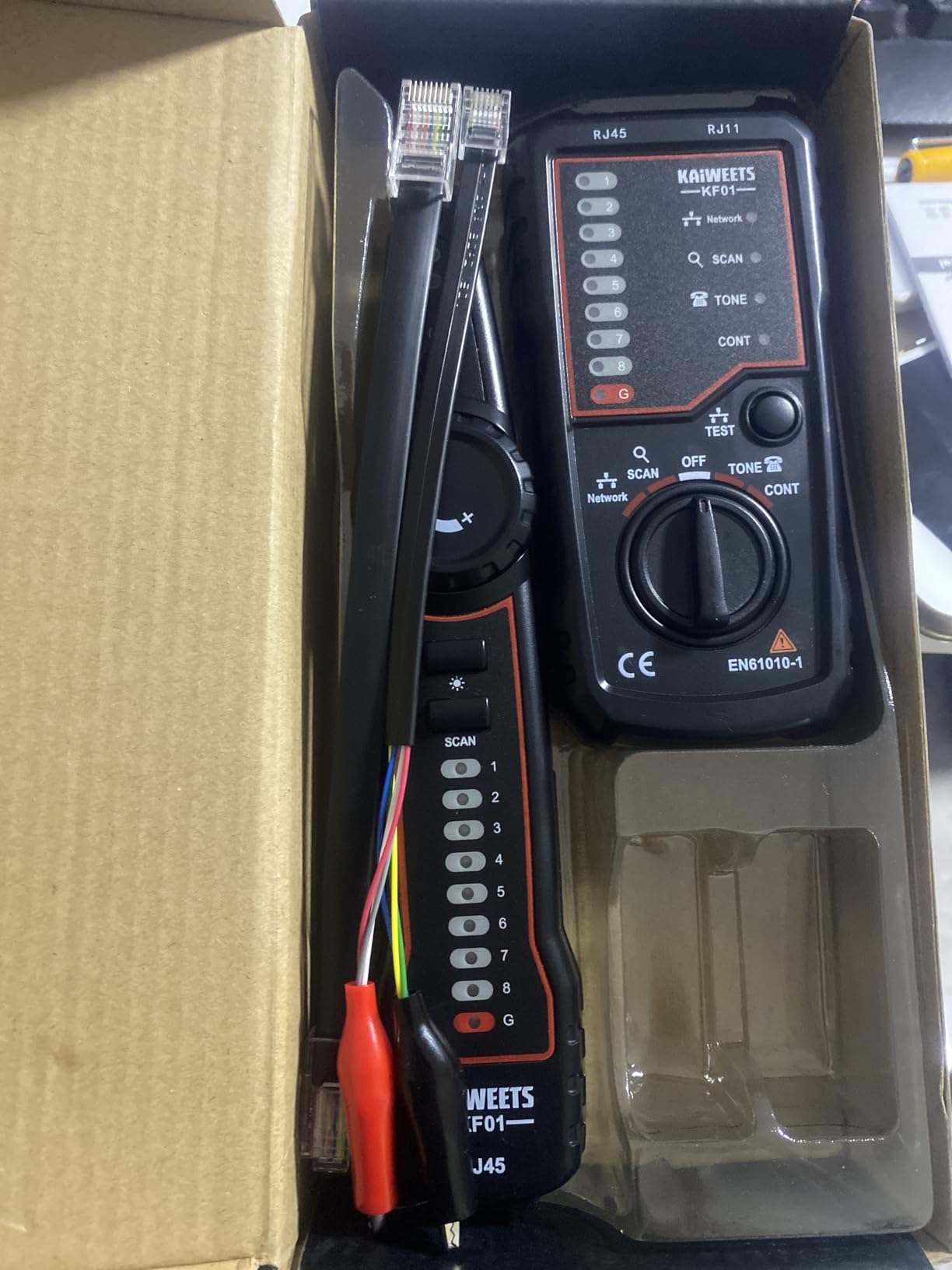 KAIWEETS Network Cable Tester, RJ45 RJ11 Wire Tracer Line Finder, Tone Generator and Probe Kit, Cable Tracer Ethernet LAN Network Cat5 Cat6 for Cable Collation, Telephone Line Test customer photo 1