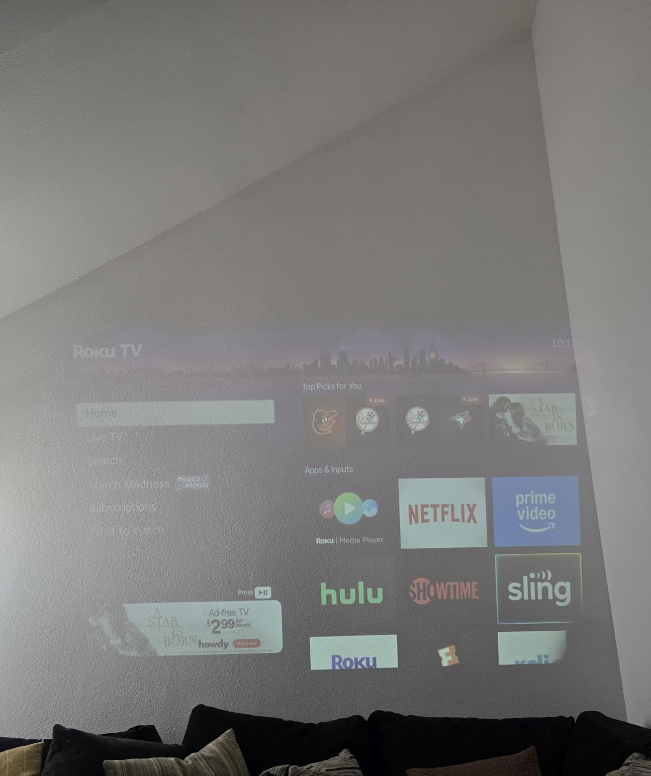 Aurzen Roku TV Smart Projector with Wifi and Bluetooth, Roku Streaming Experience Built-in, 1080P FHD, DoIby Audio, Auto Focus & Keystone, Zoom, Movie Portable Outdoor Mini Projector, White customer photo 1