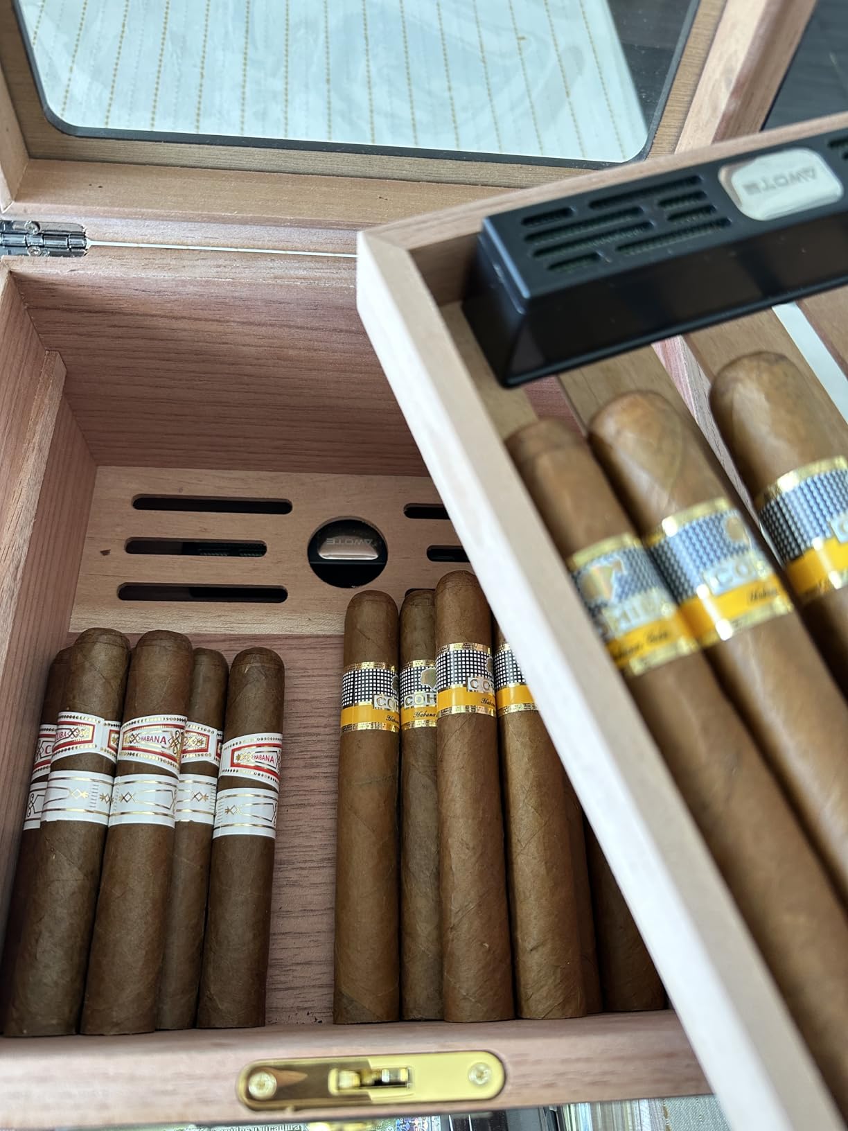 Cigar Humidor, Cedar Wood Humidor Cigar Box, Includes Leather Cigar Case, Cigar Tube, Digital Hygrometer and 2 Humidifiers, Glass Top Desktop Humidor with Accessory Drawer, Gift Set (Dark Brown) customer photo 1