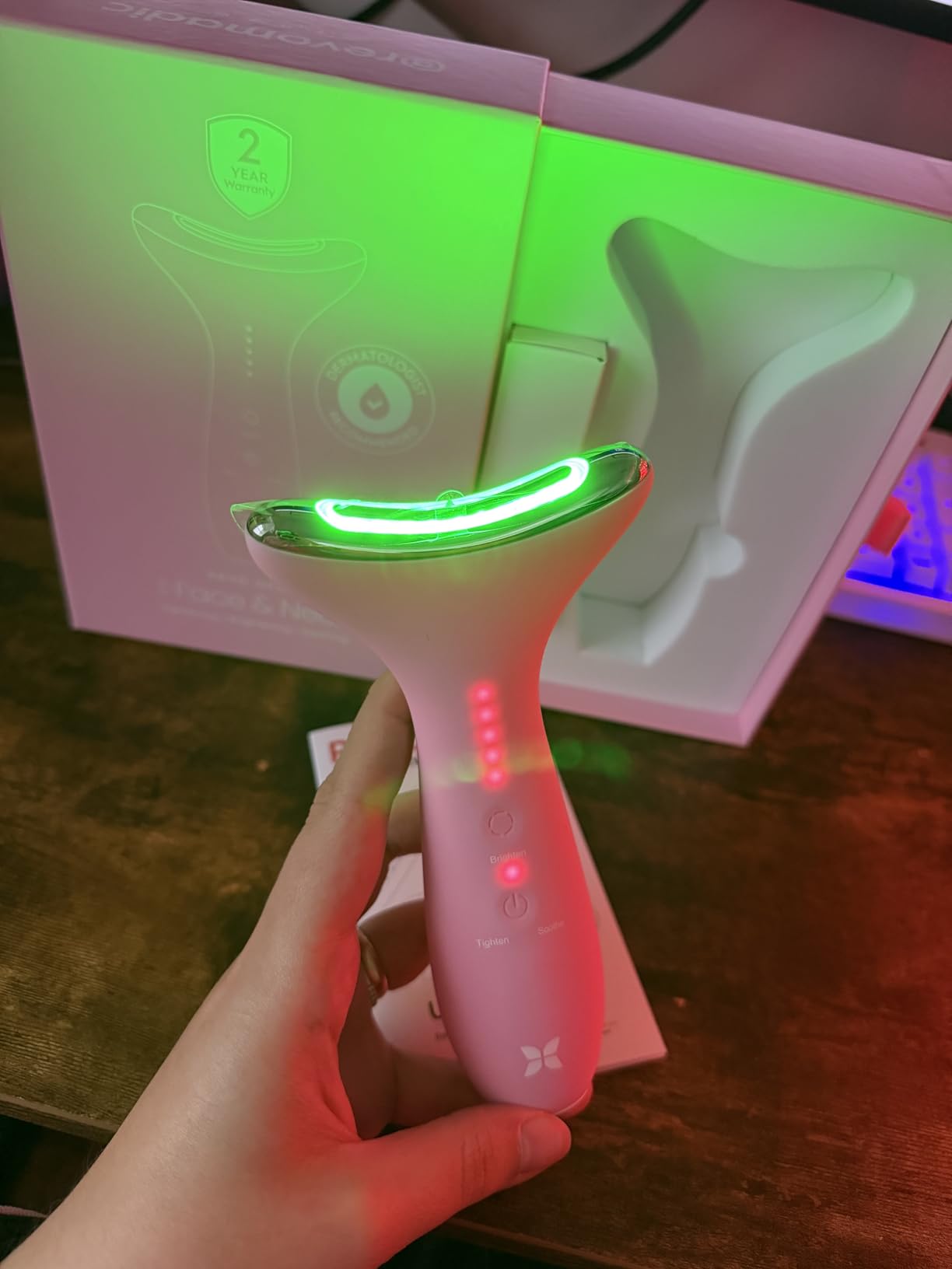 REVO Genie Facial Massager for Face and Neck, LED Face Lift Device with Heat & Vibration, Lymphatic Drainage Depuffing Tool, Red Blue Green Light Therapy for Skin Tightening & Skincare Absorption customer photo 2