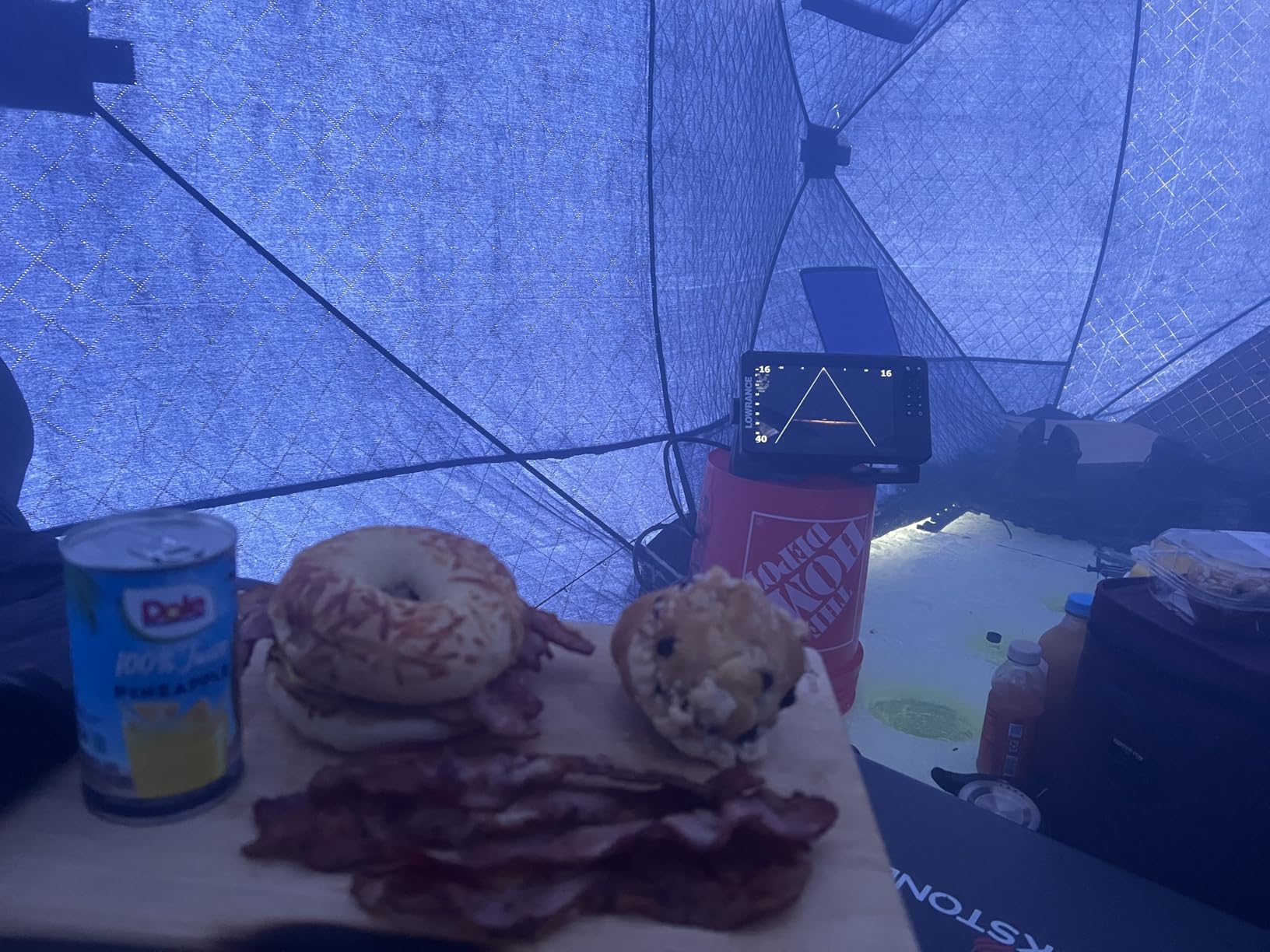 Garvee Pop Up Ice Fishing Shelter and Insulated Ice Fishing Tent with 49ft LED Light Strip, Windproof Portable Hub Design, Fits 1-8 People, 25-69 sq ft Fishable Area, Blue+Black customer photo 2