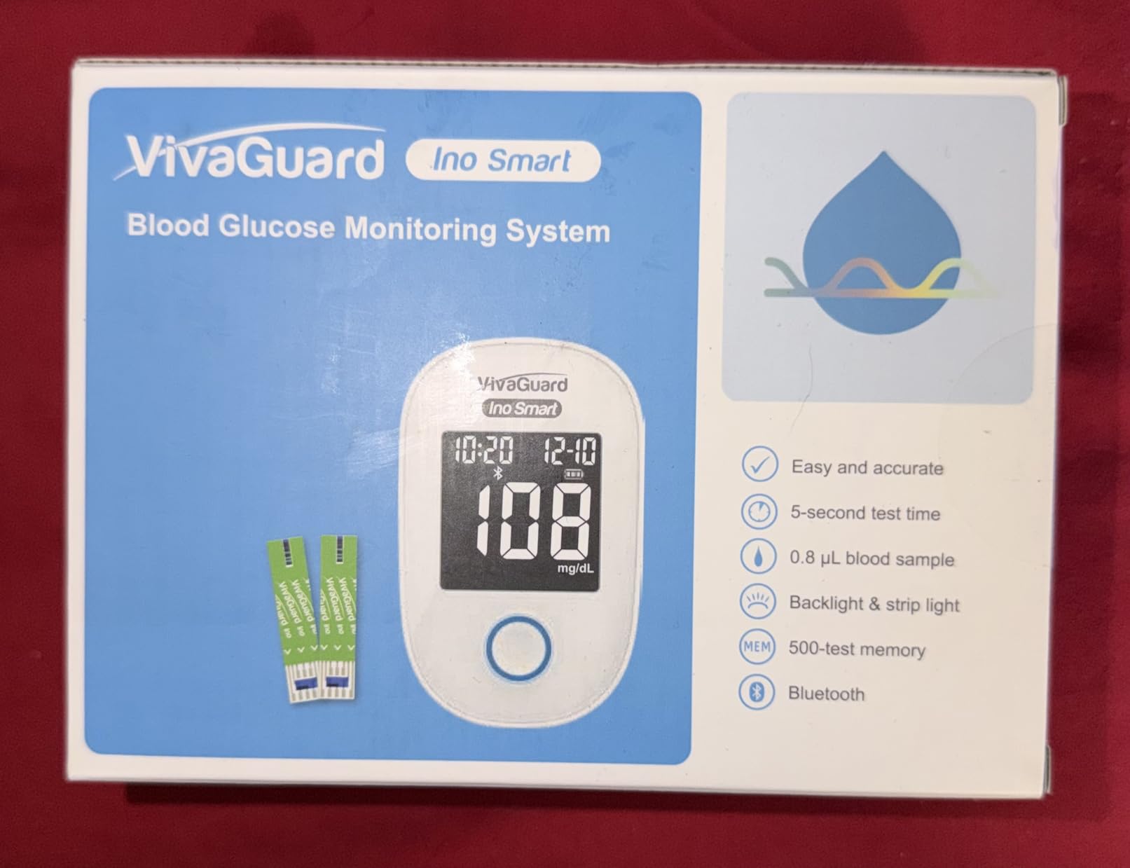 VivaGuard Ino Smart Blood Glucose Monitor Kit with Free App, Bluetooth and Rechargeable Blood Glucose Meter with 100 Strips & 100 Lancets, Travel Portable Blood Sugar Diabetes Testing Kit, No Coding customer photo 1