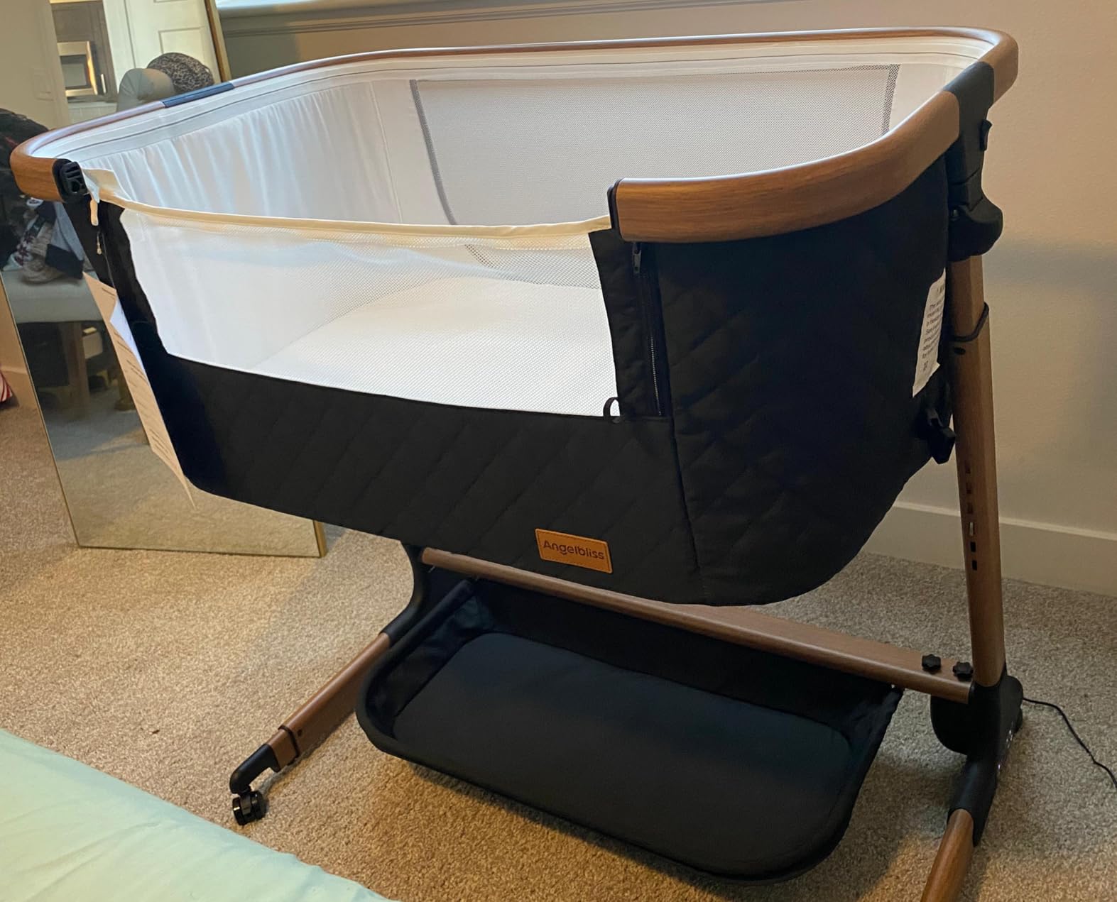 ANGELBLISS Electric Baby Bassinet Bedside Sleeper with Auto Rocking, Remote/Touch Control, 3 Timer Modes, 12 Sounds, 6 Heights, Storage & Wheels (Black) | Breathable Mesh customer photo 1