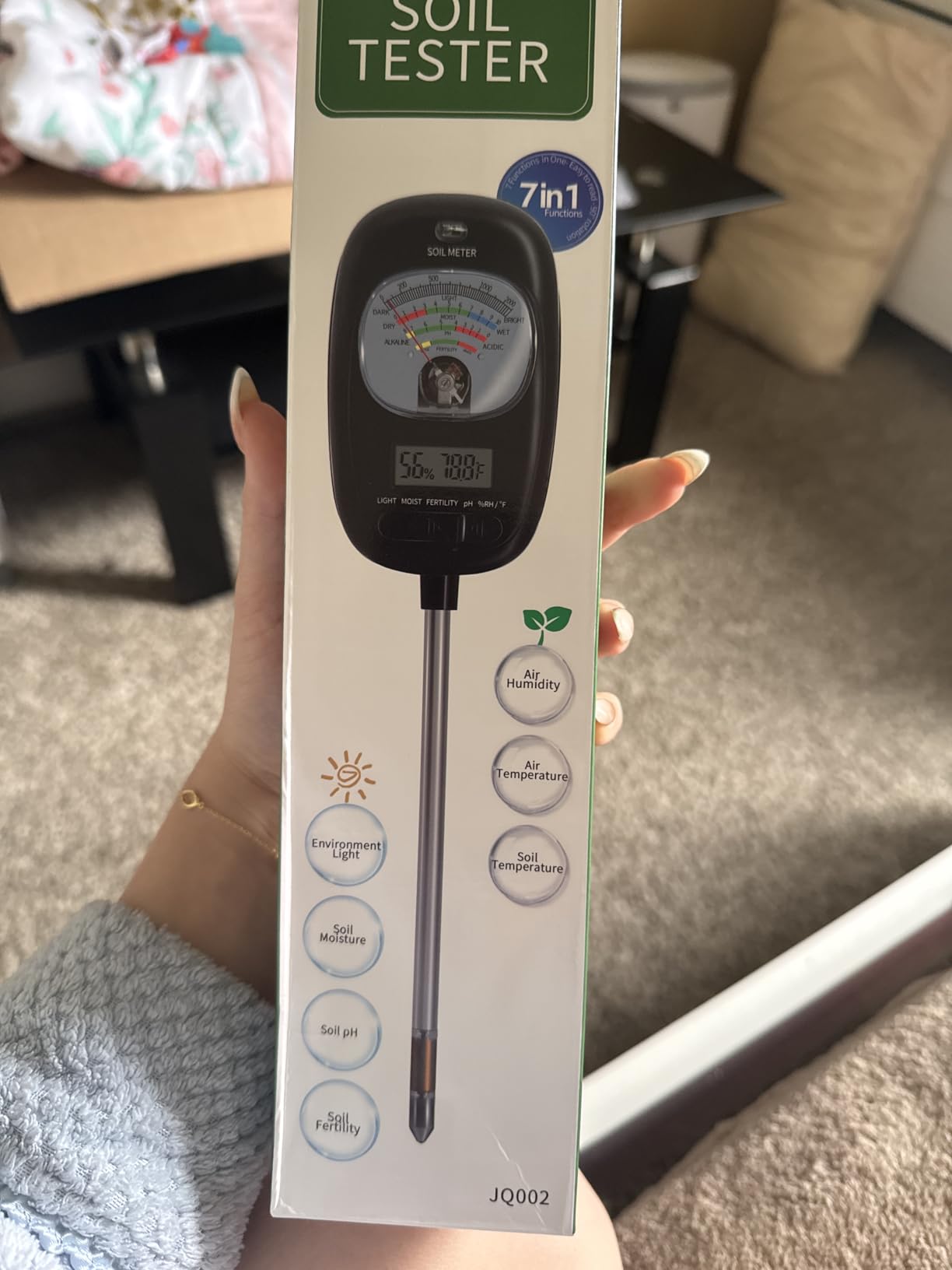 HSLGOVE Soil Test Kit, 7-in-One Soil Moisture Meter/Soil PH Meter/Fertility, Dual Screen Soil Tester w/Digital Soil Temp/Air Temp&Humidity for Plants Gardening,Lawn,Farm Indoor&Outdoor-Lvory White customer photo 1