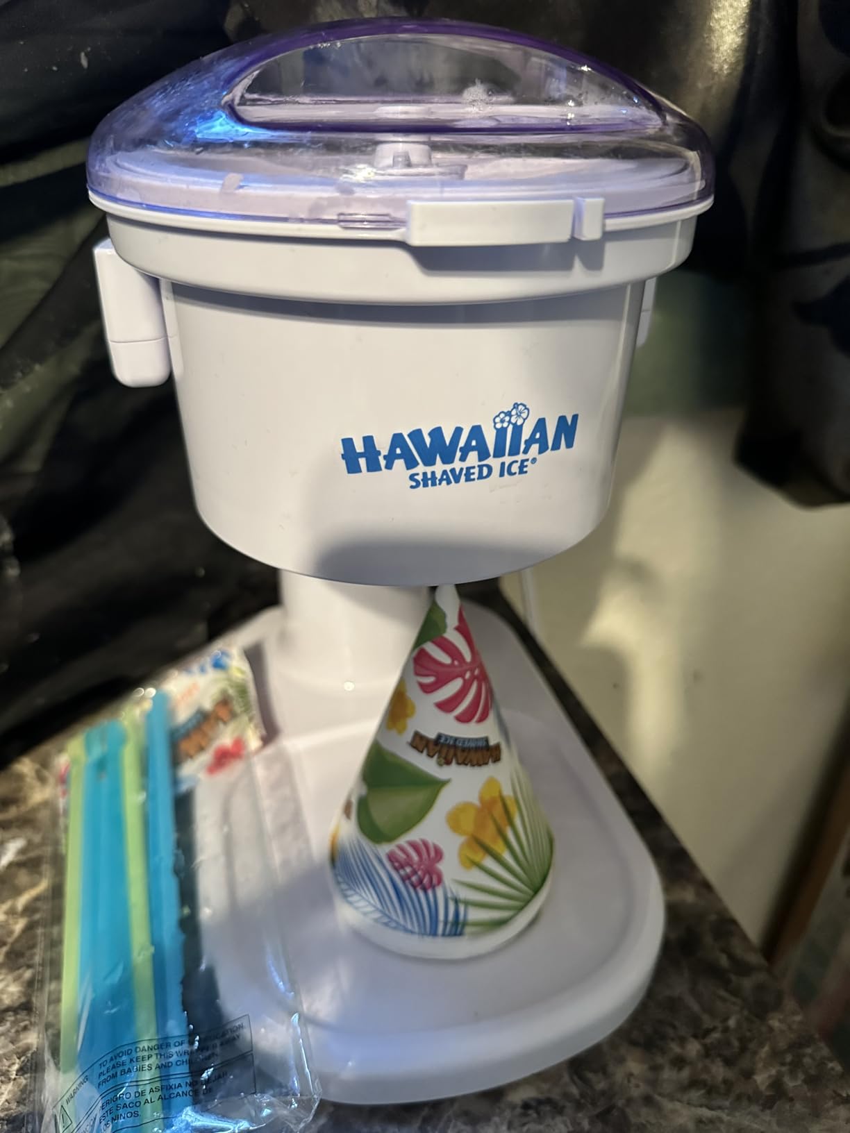 Hawaiian Shaved Ice S700 Kid-Friendly Snow Cone Machine Kit with 3-16oz. Syrup Flavors: Cherry, Grape, and Blue Raspberry, Plus 25 Snow Cone Cups, 25 Spoon Straws, and 3 Black Bottle Pourers customer photo 1