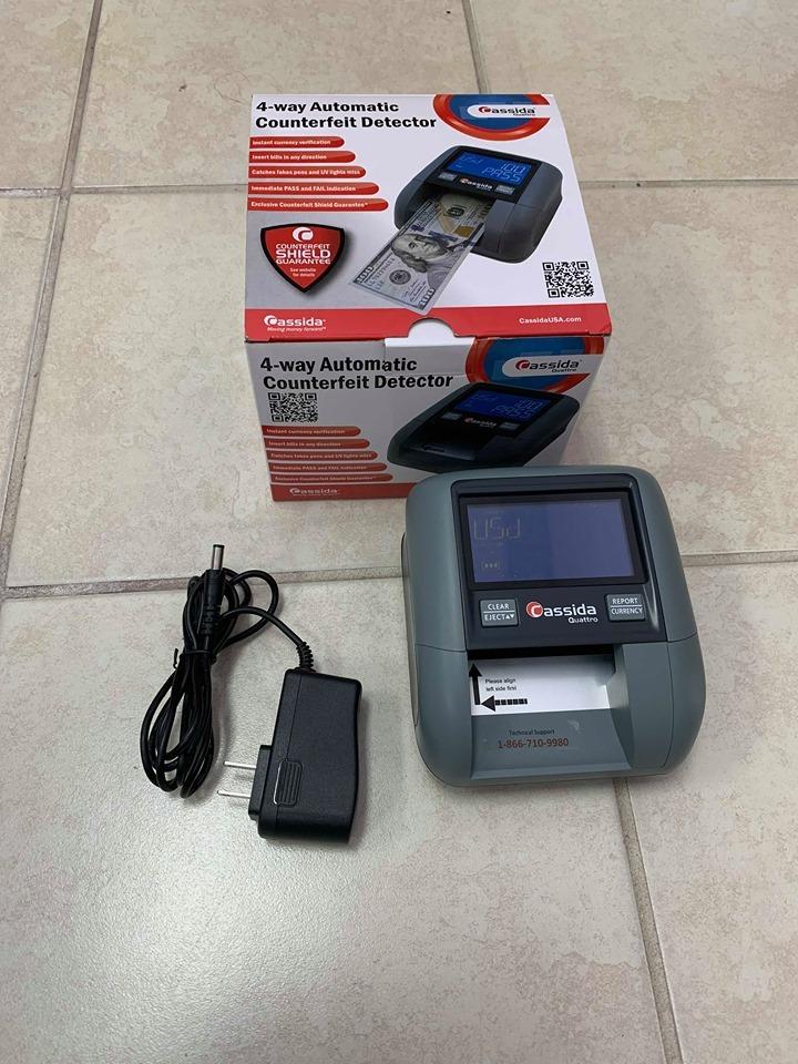 Cassida Quattro Fast Automatic Currency Counterfeit Detector with Advanced Sensors (UV,MG,IR,MT,Thickness,Size) - All-Orientation Feeding - Rechargeable Battery - 3.5