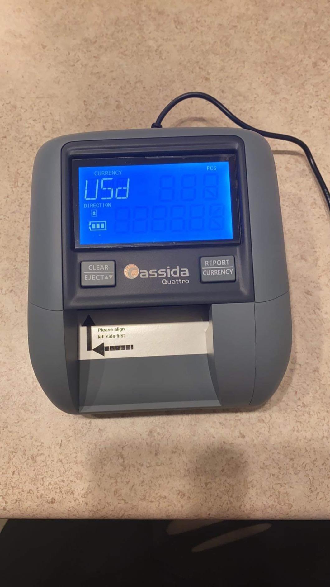 Cassida Quattro Fast Automatic Currency Counterfeit Detector with Advanced Sensors (UV,MG,IR,MT,Thickness,Size) - All-Orientation Feeding - Rechargeable Battery - 3.5