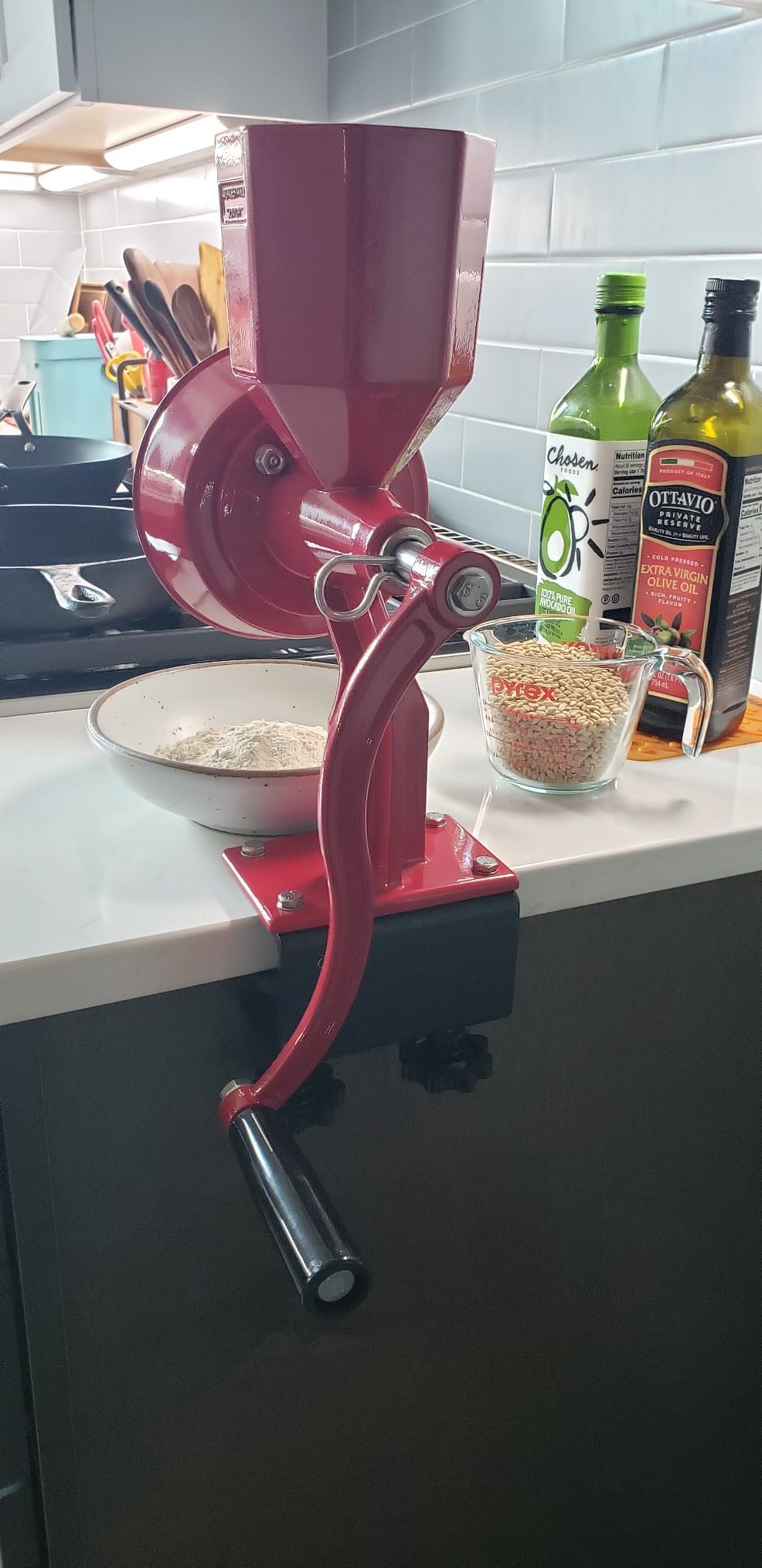 WONDERMILL Junior Deluxe Grain Mill for Flour, Hand Crank Wheat Mill for Grains, Nuts, Seeds, Oily Foods & Spices, Grain Grinder with Stone and Stainless Steel Burrs (Red) customer photo 2