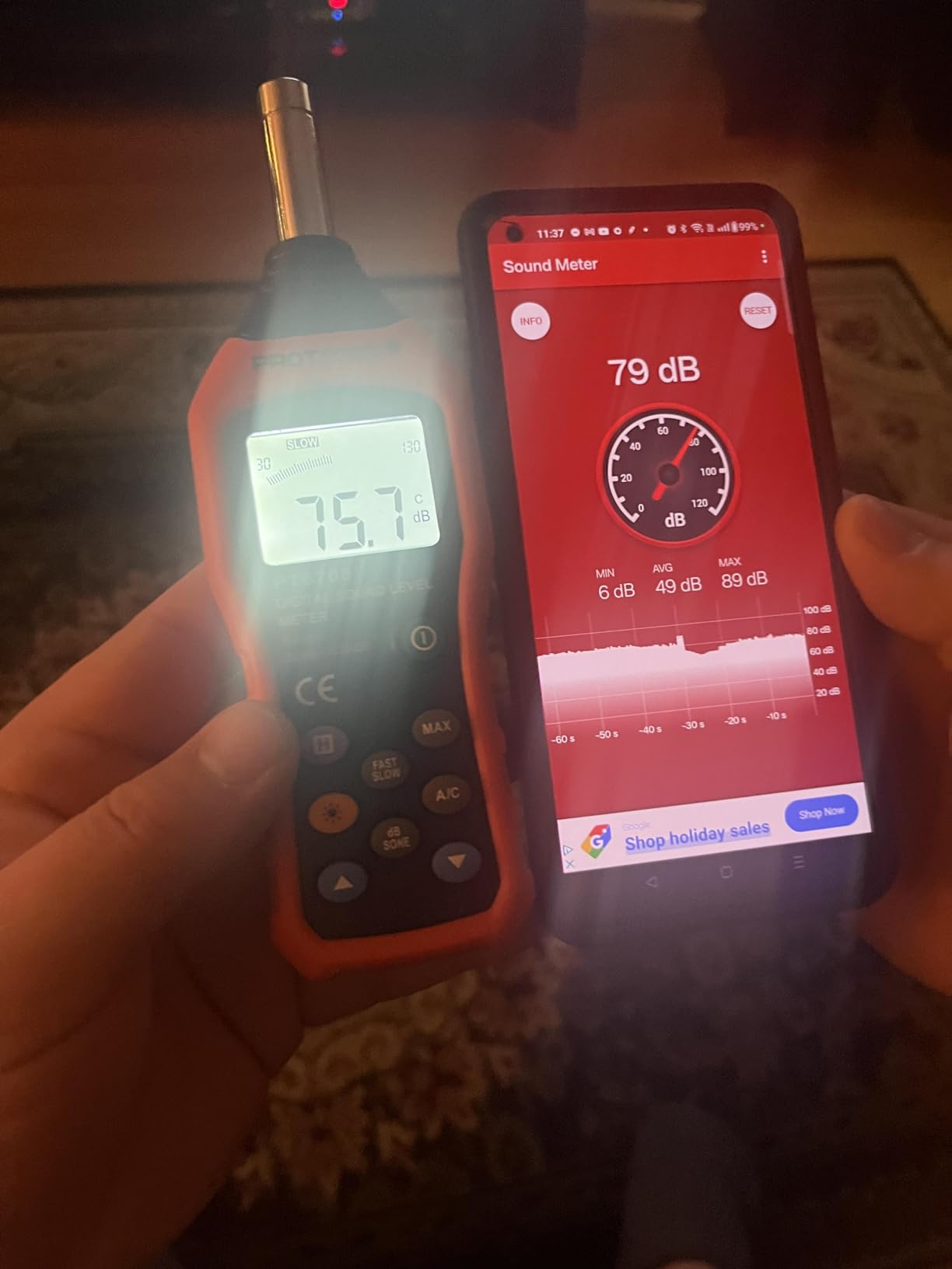 Protmex PT6708 Sound Level Meter, Digital Decibel Reader Measurement, Range 30-130 dB, Accuracy 1.5dB Noise Meter with Large LCD Screen Display, Fast and Slow Selection (Batteries Include) customer photo 2