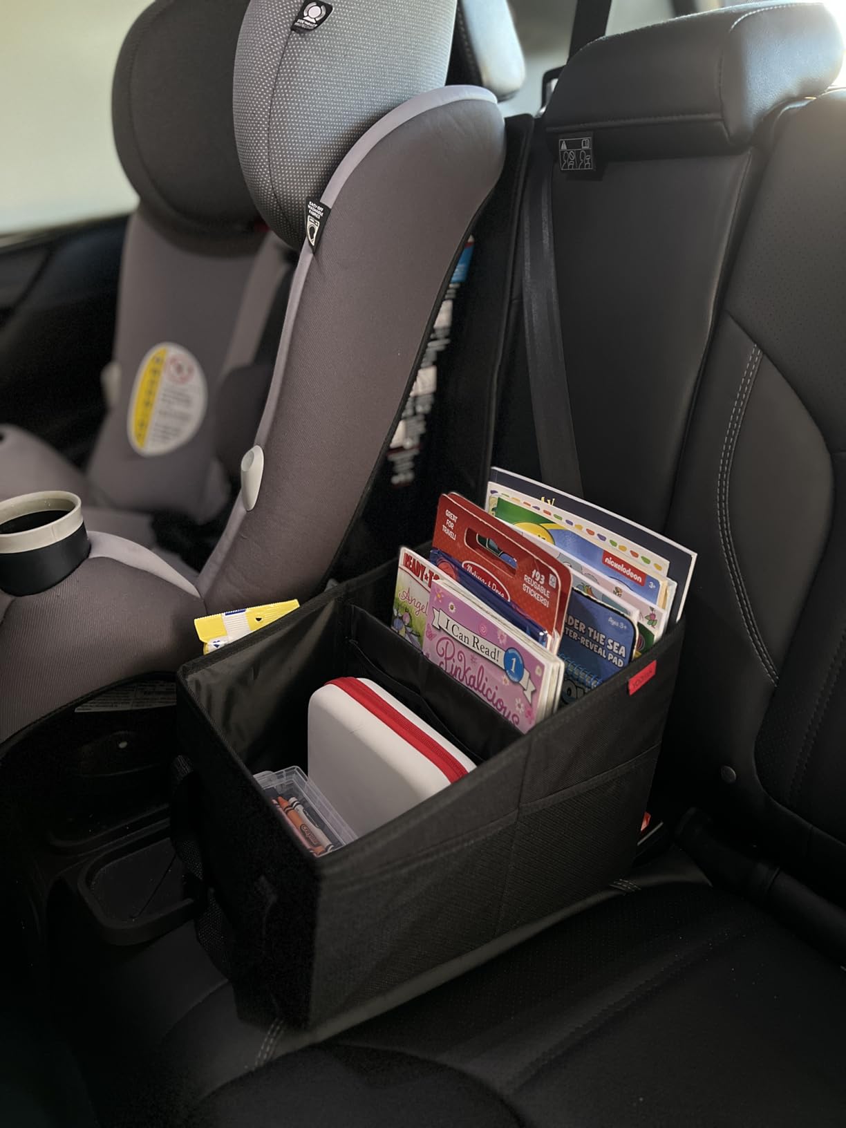 YOOFAN Car Seat Organizer - Passenger Seat Organizer, Collapsible Small Car Seat Storage Organizer for Console Front/Back, Automotive Backseat Organizer with Belt 4 Cup Holders for Kids Accessories customer photo 1