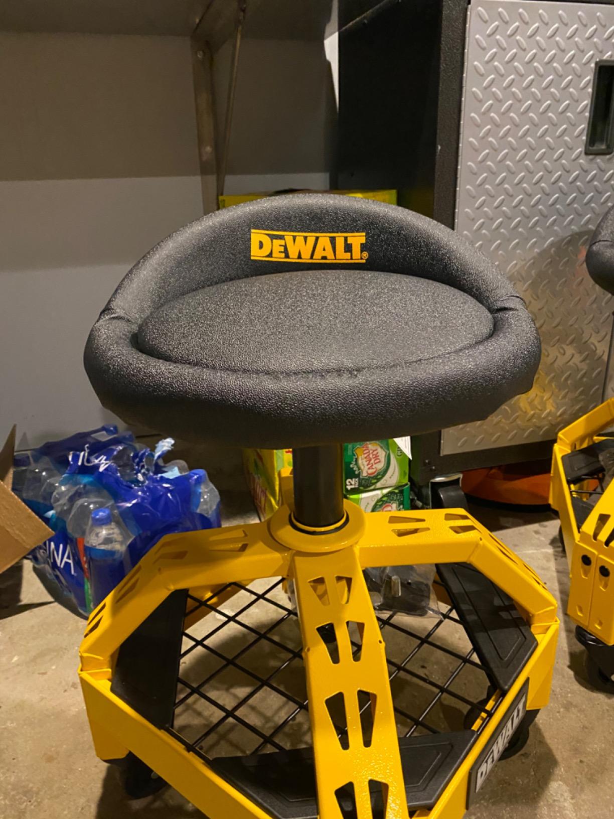 DEWALT Heavy Duty Adjustable Rolling Shop Stool, 360-degree Swivel Industrial Garage Stool with Padded Seat, Storage Shelf, Removable Wheels customer photo 2
