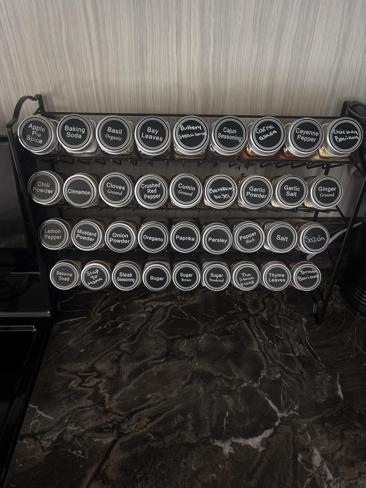 SWOMMOLY Spice Rack Organizer with 36 Empty Square Spice Jars, 396 Spice Labels with Chalk Marker and Funnel Complete Set, for Countertop, Cabinet or Wall Mount, Black customer photo 2