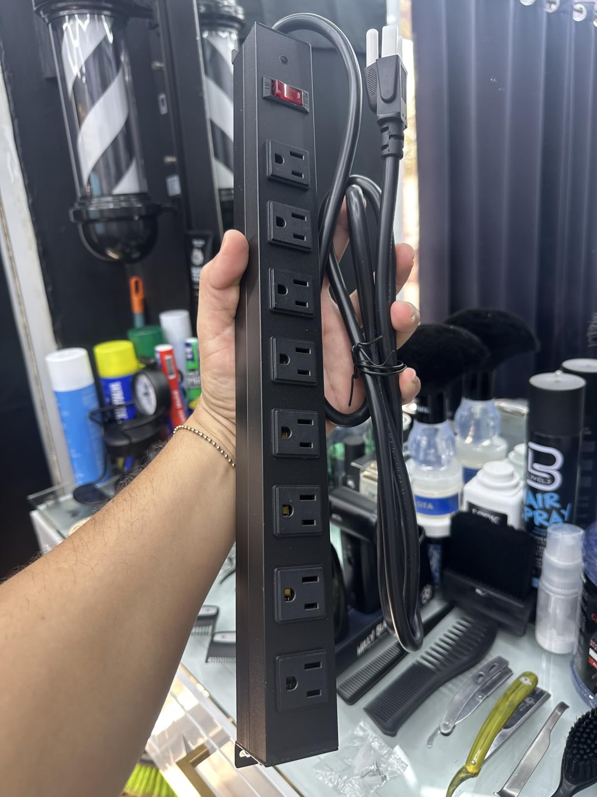 HHSOET Metal 8 Outlet Mountable Power Strip, Wall Mount Outlet Heavy Duty, Wide Spaced Commercial Shop Power Strip with Switch, 15A 125V 1875W, 6 FT SJT 14AWG Power Cord.(Black) customer photo 2