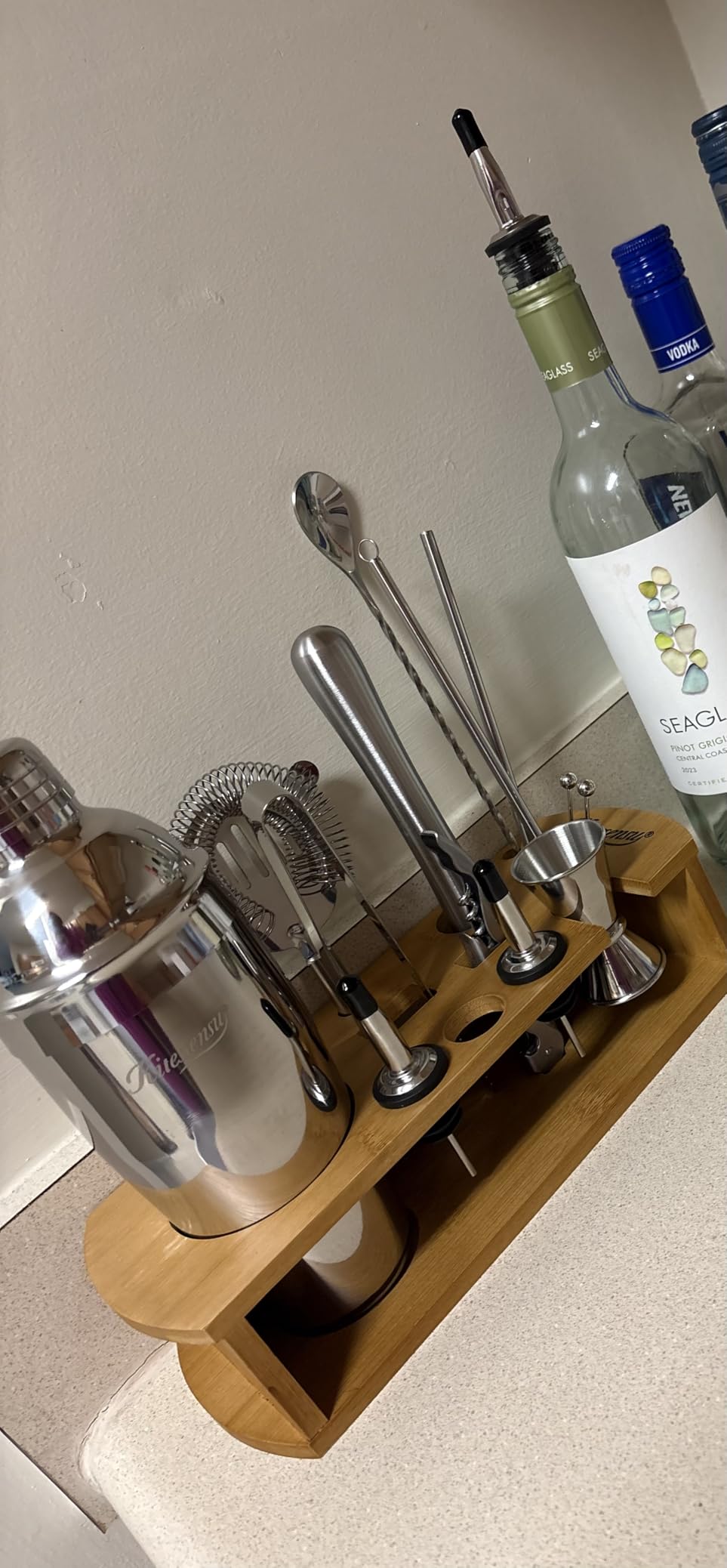 KITESSENSU Cocktail Shaker Set Bartender Kit with Stand | Bar Set Drink Mixer Set with All Essential Accessory Tools: Martini Shaker, Jigger, Strainer, Mixer Spoon, Muddler, Liquor Pourers | Silver customer photo 2
