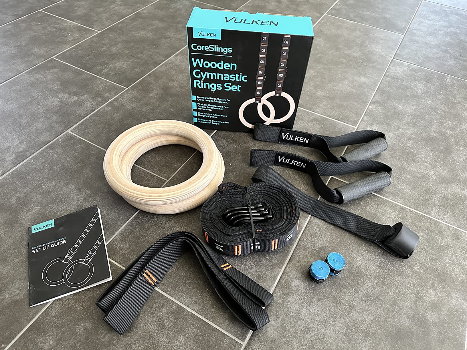 Vulken Wooden Gymnastic Rings with Adjustable Numbered Straps. 1.25'' Olympic Rings for Core Workout, Crossfit, Bodyweight Training. Home Gym Rings with 8.5ft Exercise Straps and Workout Handles. customer photo 1