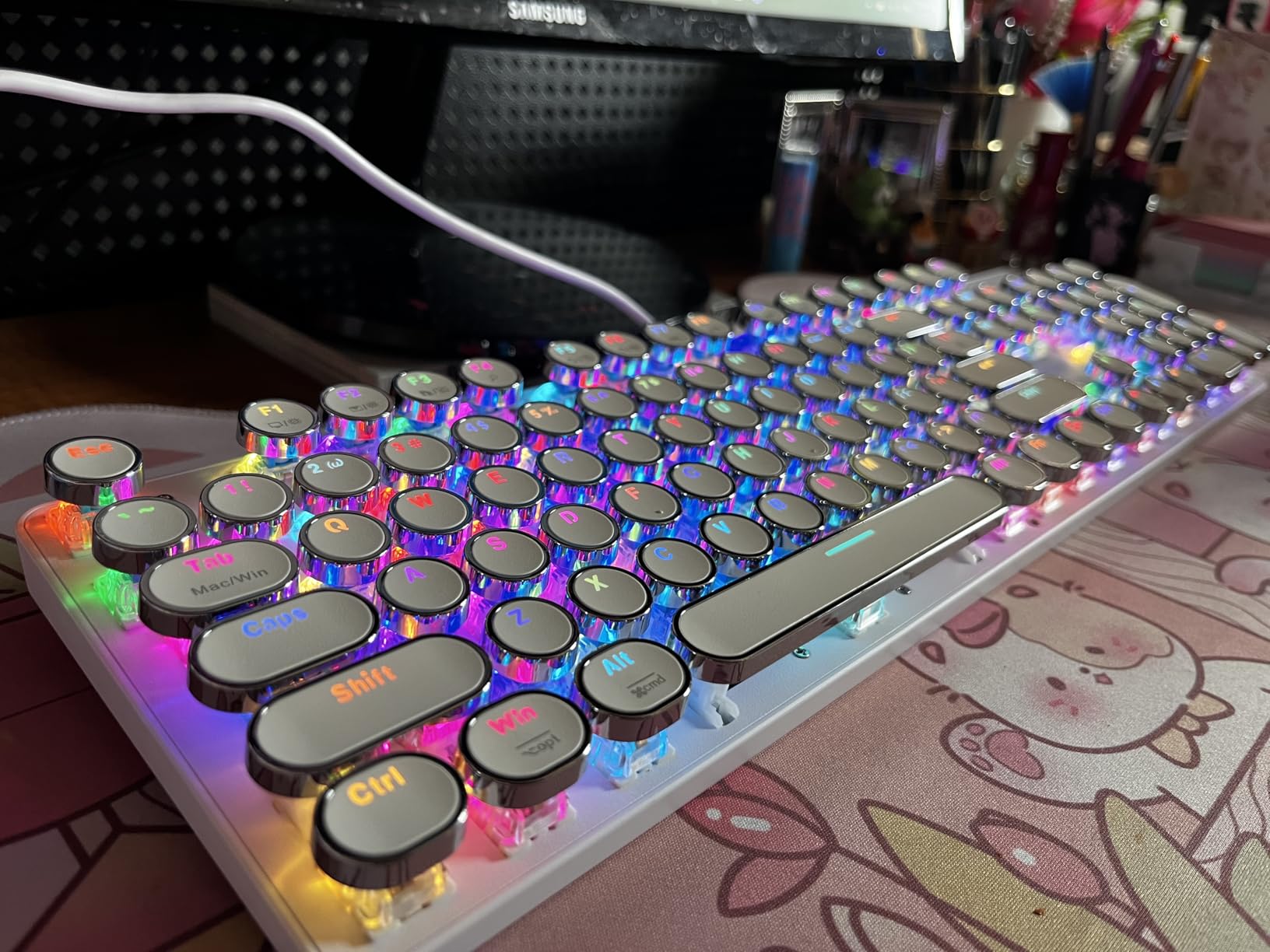 YSCP Typewriter Style Mechanical Gaming Keyboard RGB Backlit Wired with Blue Switch Retro Round Keycap 104 Keys Keyboard (R-White) customer photo 2