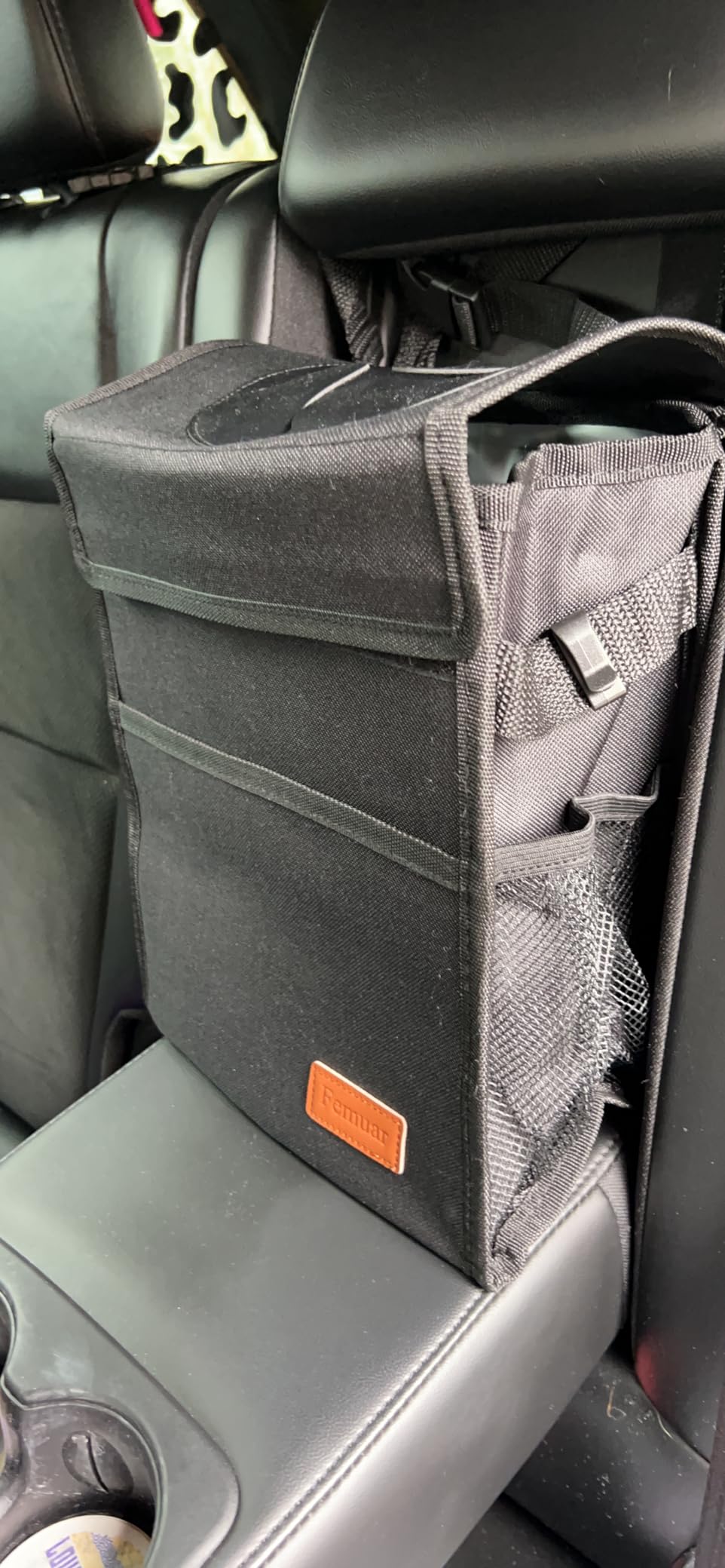 Femuar Leak Proof Car Trash Can with Lid - Waterproof Automotive Garbage Bin for SUVs, Collapsible and Portable Car Trash Bag, Black customer photo 2