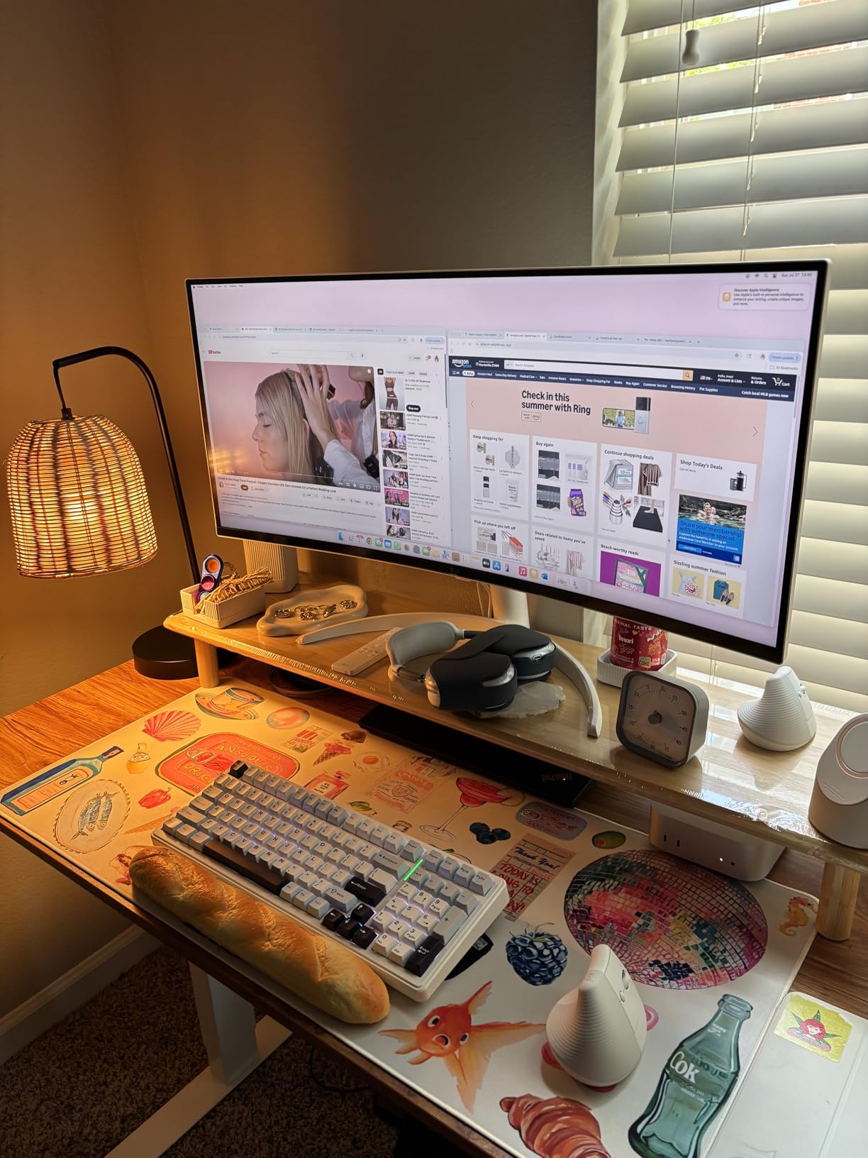 Bamboo Dual Monitor Shelf, Monitor Stand Riser with Underneath Storage for Desk Office Supplies, Supports Heavy TV up to 300 lbs, Natural customer photo 2