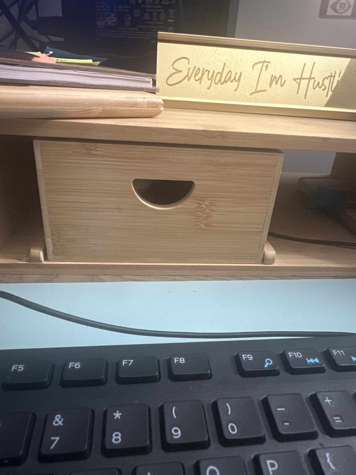 Dual Monitor Stand Riser with Drawer for Desk Laptop Desk Shelf with Adjustable Length and Angle, Bamboo Computer Stand Riser for 2 or 3 Monitors Screen Laptop PC TV -Natural customer photo 2