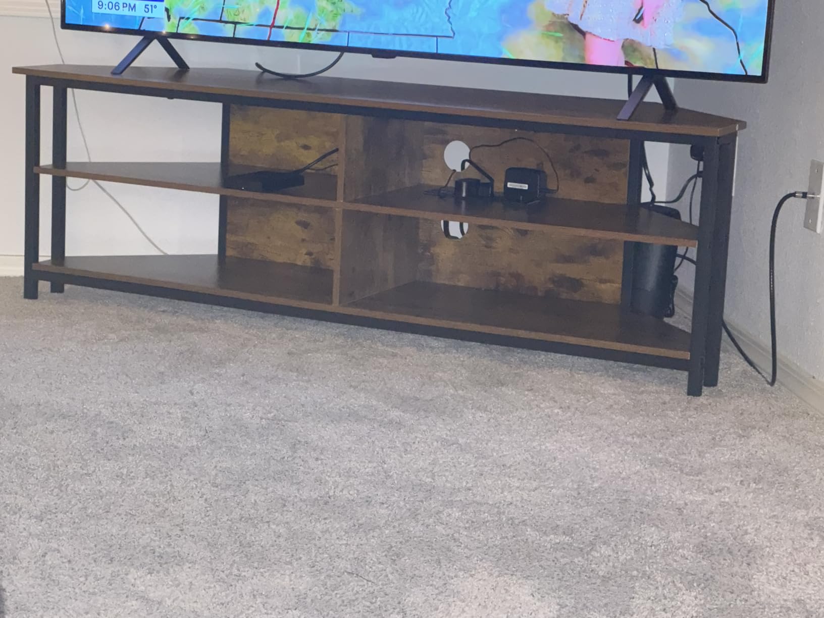 Unikito 55'' Corner TV Stand with Power Outlet, Corner Entertainment Center TV Console Table with 4 Open Storage Shelves, Metal Frame for Living Room, Bedroom, Industrial 60'' Corner TV Stand, Rustic customer photo 1