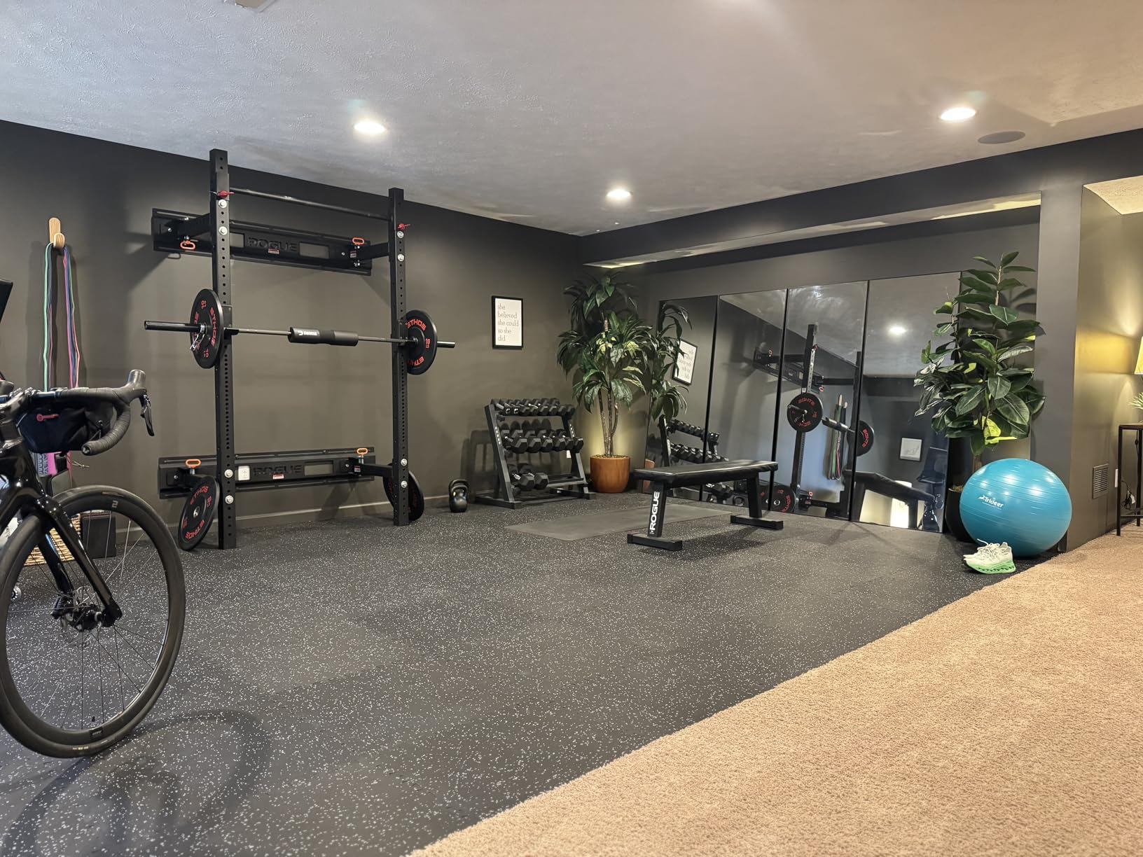 SUPERJARE 0.56'' Thick 12 Pcs 48 Sq Ft Rubber Top Exercise Equipment Mats, High Density EVA Foam Mats with Rubber Top, Interlocking Gym Flooring for Home Gym, Protective Workout Mat, Black/Grey customer photo 2