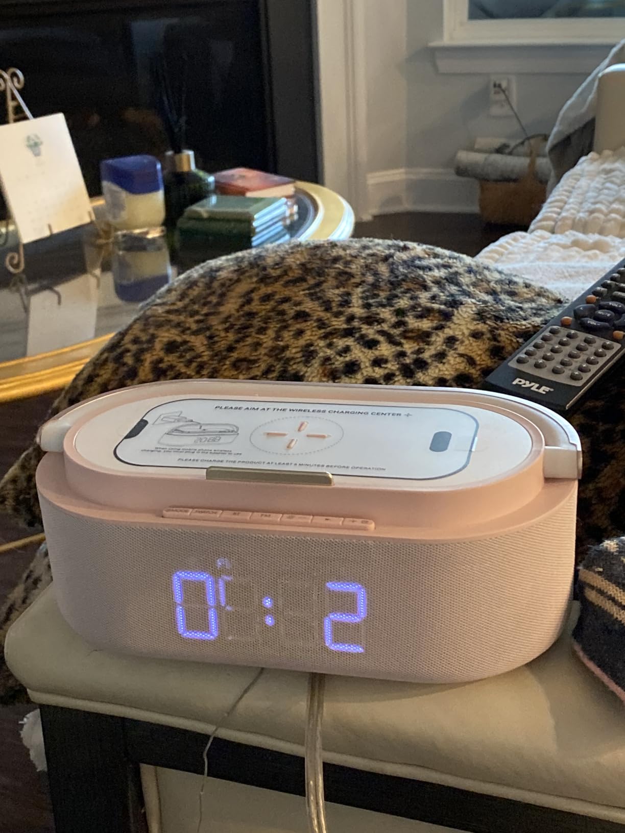 COLSUR Bluetooth Speaker Alarm Clock with Wireless Charger, FM Radio, Adjustable LED Night Light, 6 in 1 Bedroom Portable Speaker 2500mAh, Phone Stand for Bedside, Home, Office, Gift (Wood) customer photo 1