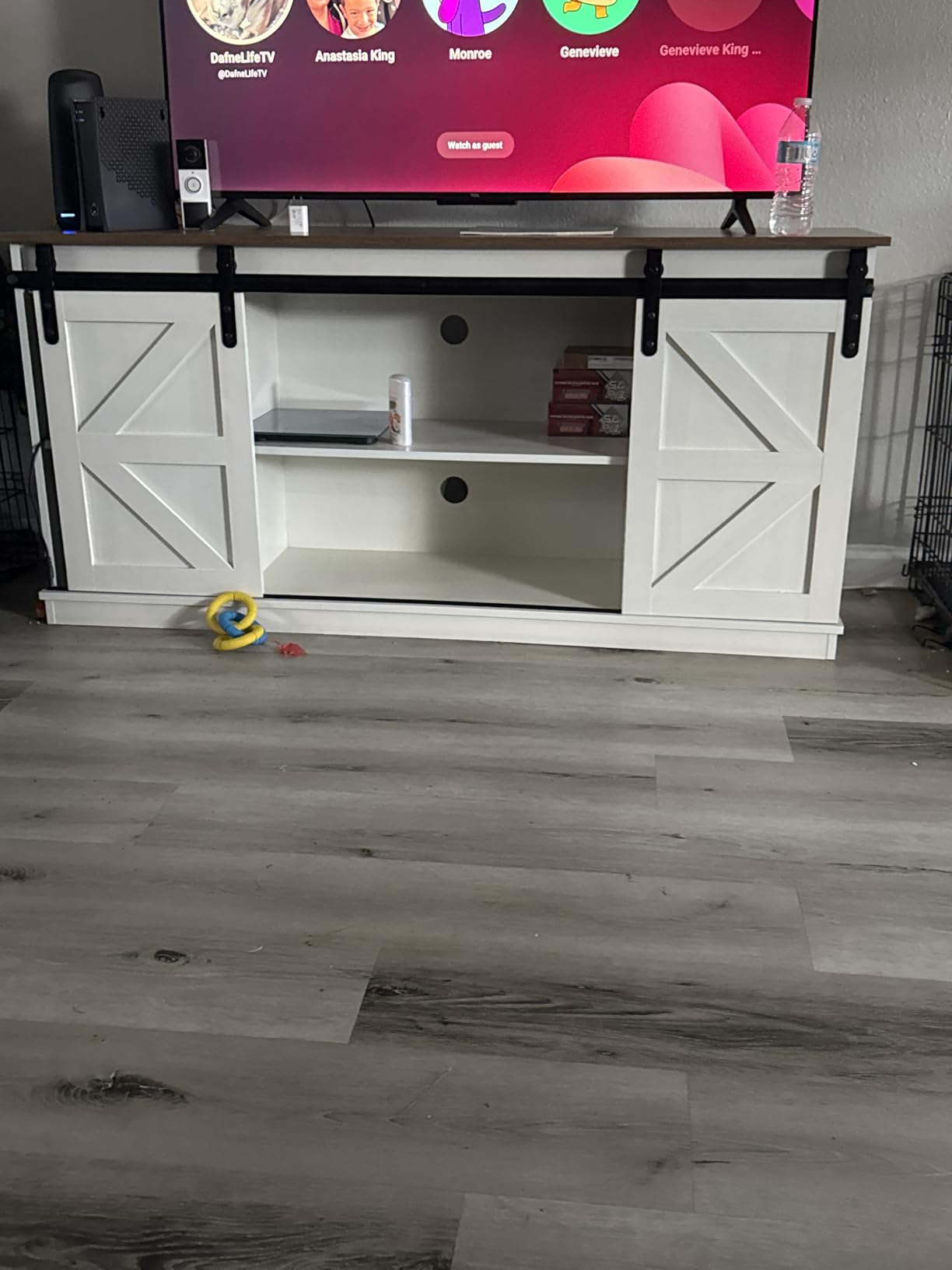 JUMMICO TV Stand for 65 Inch TV, Entertainment Center with Storage Cabinets and Sliding Barn Doors, Mid Century Modern Media TV Console Table for Living Room Bedroom (Bright White) customer photo 1