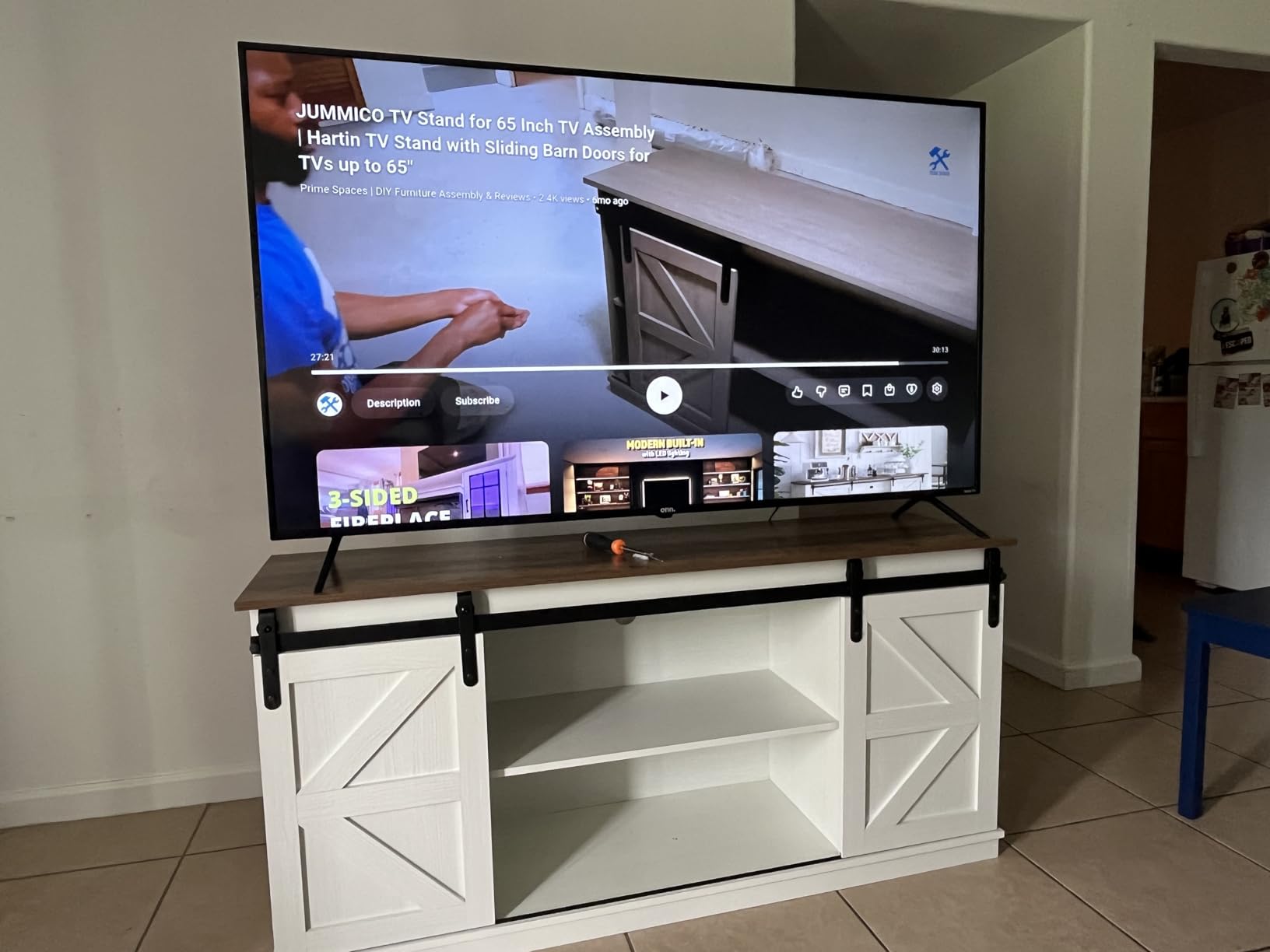 JUMMICO TV Stand for 65 Inch TV, Entertainment Center with Storage Cabinets and Sliding Barn Doors, Mid Century Modern Media TV Console Table for Living Room Bedroom (Bright White) customer photo 2