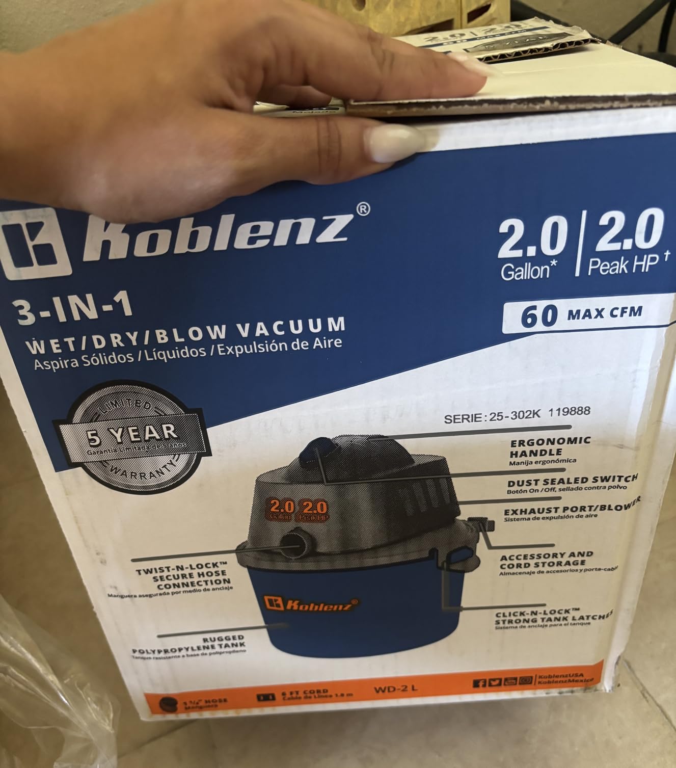 Koblenz Wet Dry Vacuum Cleaner, 2 Gallon 2.0 PHP, 60 CFM, 10 ft Reach, Twist-N-Lock Hose, Small Shop Vac, Portable Shop Vac for Home Car Garage Workshop, Accessories Included, Blue/Black, WD-2L customer photo 2