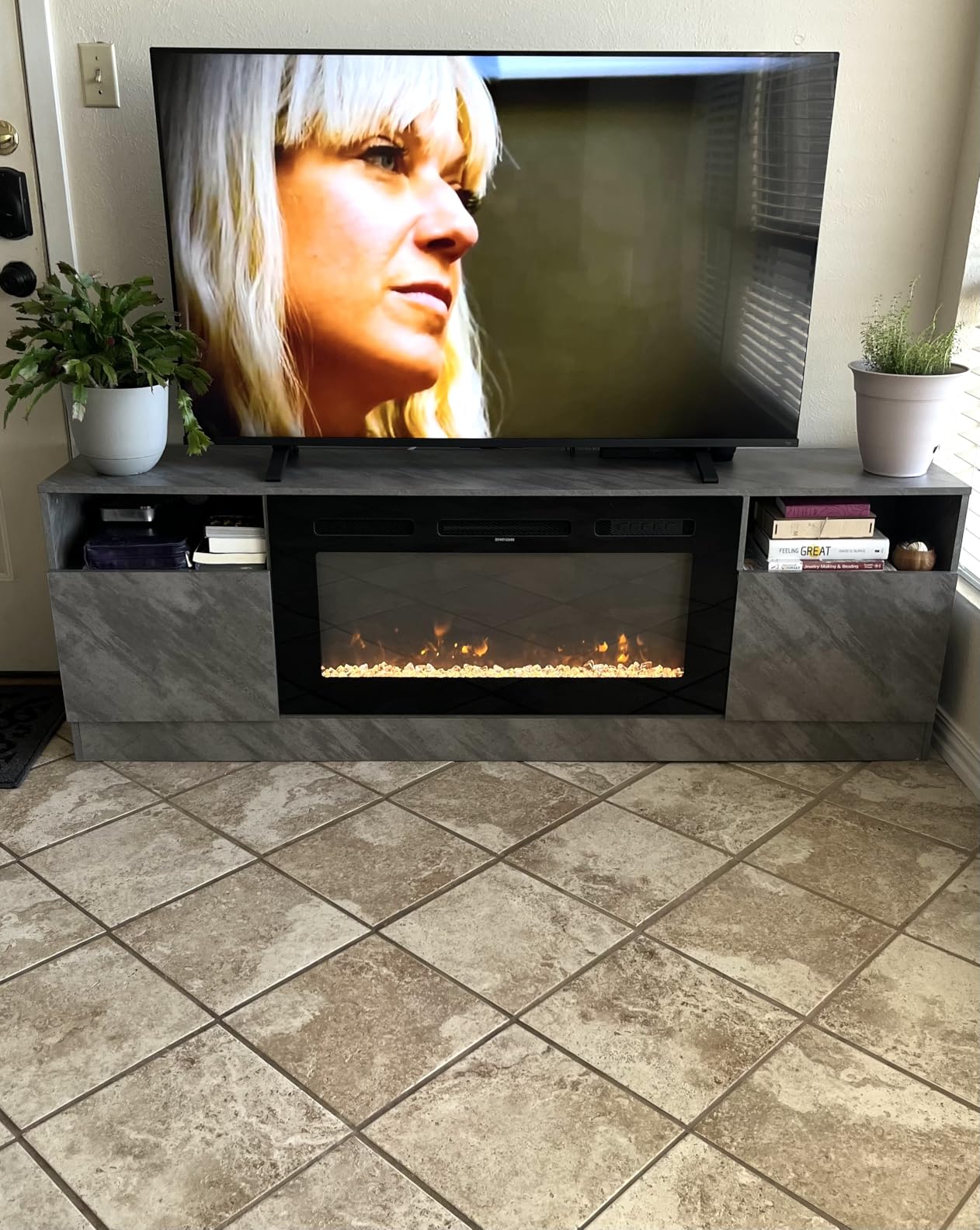 oneinmil Fireplace TV Stand with 36 inch Electric Fireplace, LED Light Entertainment Center, Modern Wood Texture Entertainment Stand with Highlight Storage Cabinet for TVs Up to 80 inches, 70 inches, Black customer photo 2