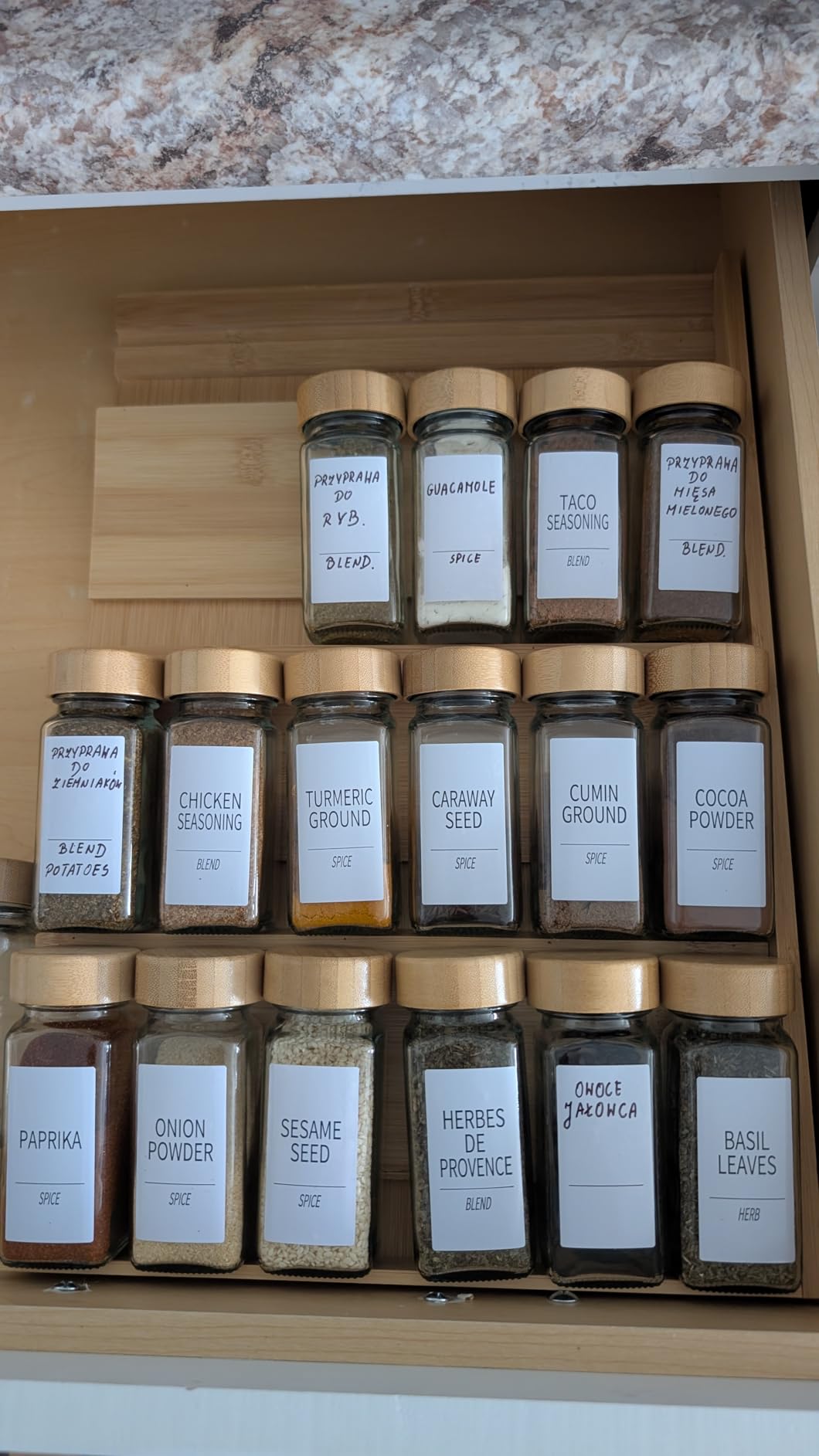 SpaceAid Bamboo Spice Drawer Organizer, Expandable 4 Tier Spices Rack for Cabinet, Kitchen Seasoning Storage Insert (Jars Not Included, From 12