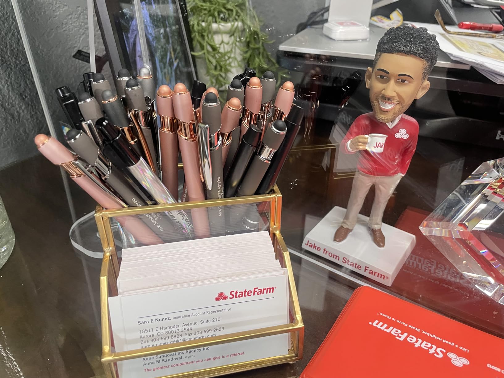 Hipiwe Glass Business Card Holder Stand with Pen/Pencil Organizer Gold Business Name Cards Display Holder for Home Office Desktop Countertop, 2 Slots customer photo 1