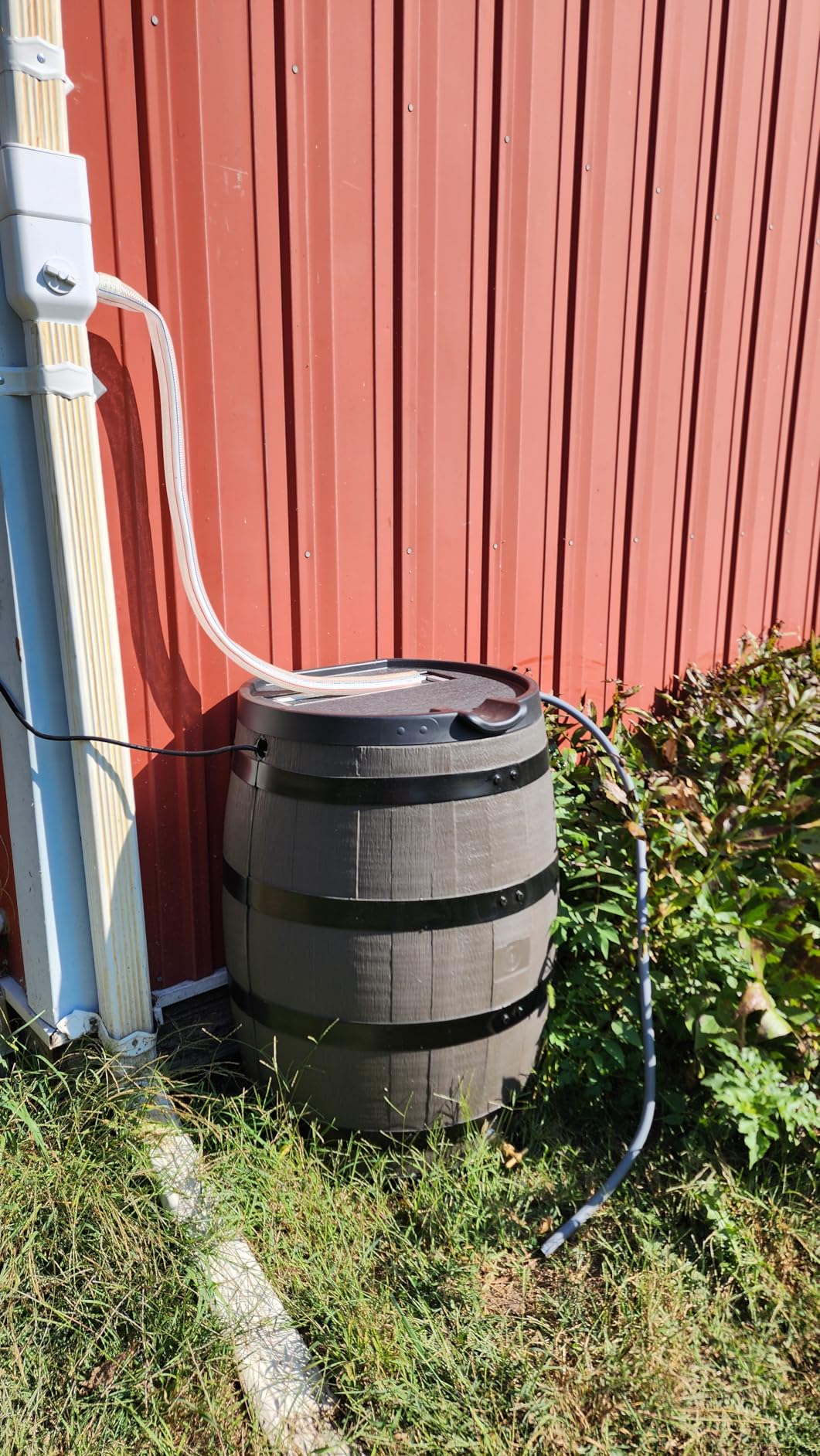 RTS Home Accents Premium 55-Gallon Rain Barrel with Removable Lid, Flat Back Rain Water Collection Barrel, Woodgrain with Black Stripes customer photo 1