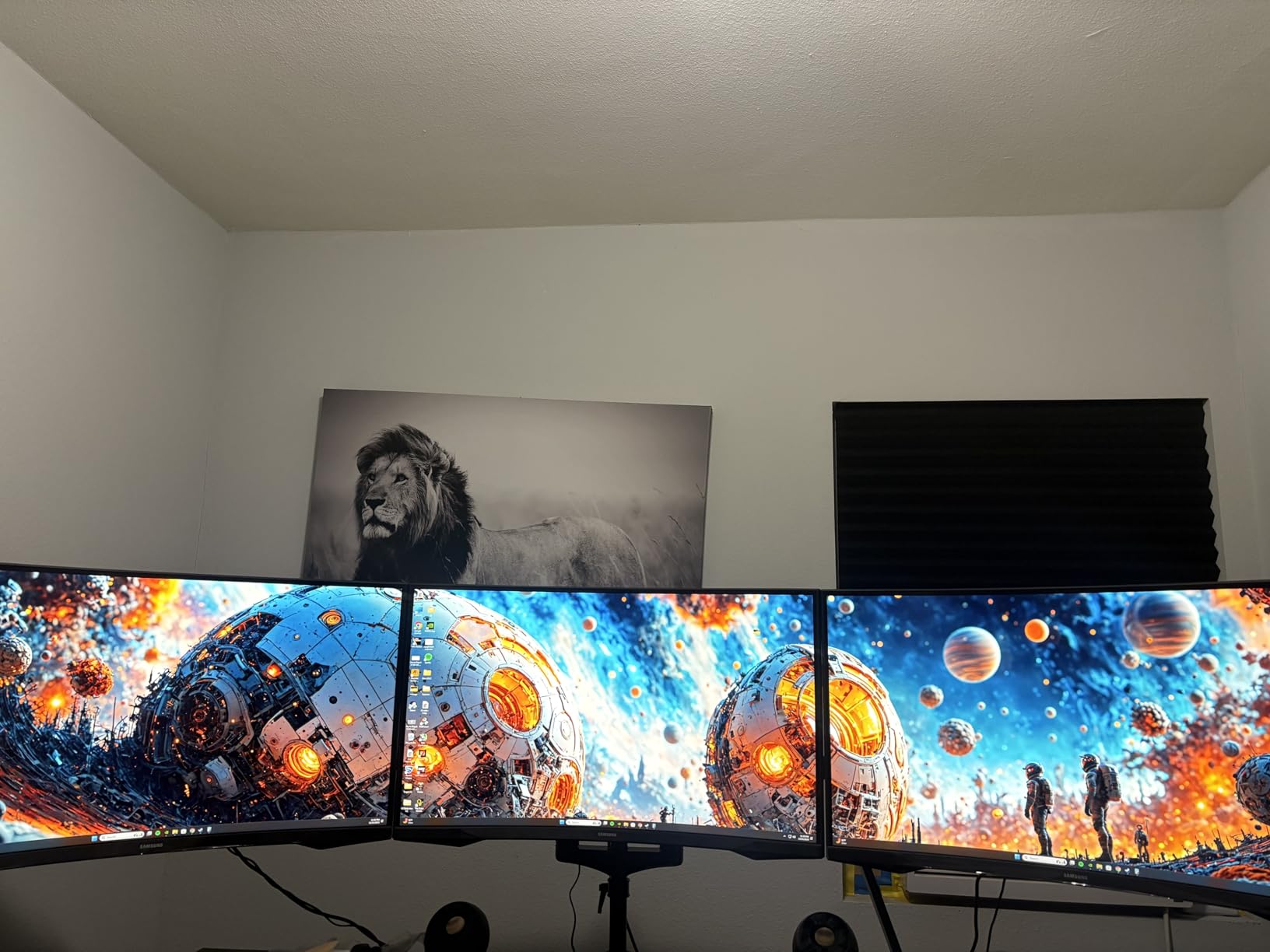 VIVO Triple Pneumatic Monitor Mount for 3 Screens up to 32 inches, Fully Adjustable, Heavy Duty Desk Stand with C-Clamp Grommet, Black, STAND-V300G customer photo 1