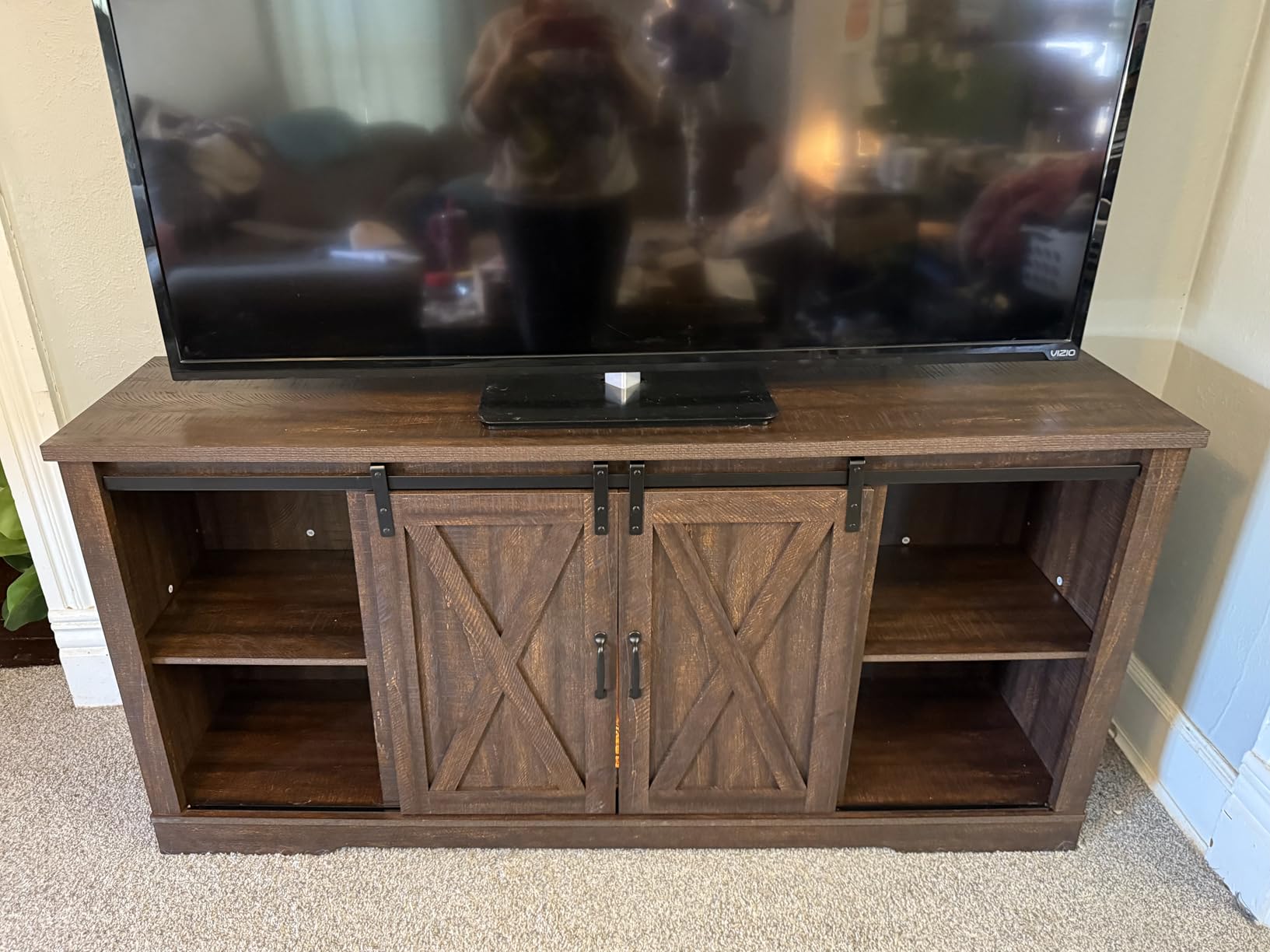 AMERLIFE Fireplace TV Stand with Sliding Barn Door for TVs up to 73 inches, Farmhouse 63 inch Fireplace Entertainment Center with Storage Cabinets and Adjustable Shelves, Distressed White and Barnwood customer photo 2