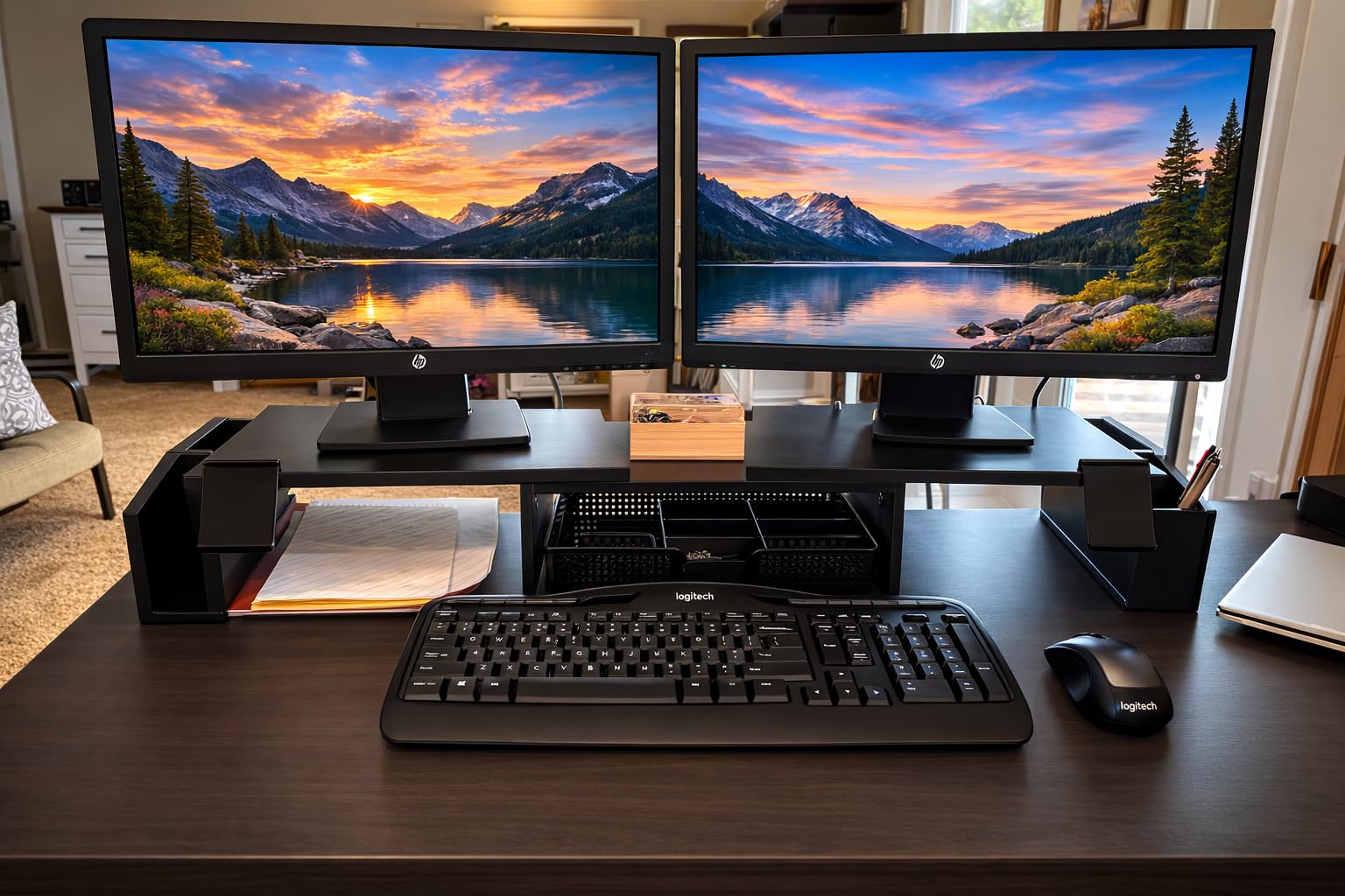 Simple Houseware Desk Dual Monitor Stand Riser with Drawer, Oak customer photo 1