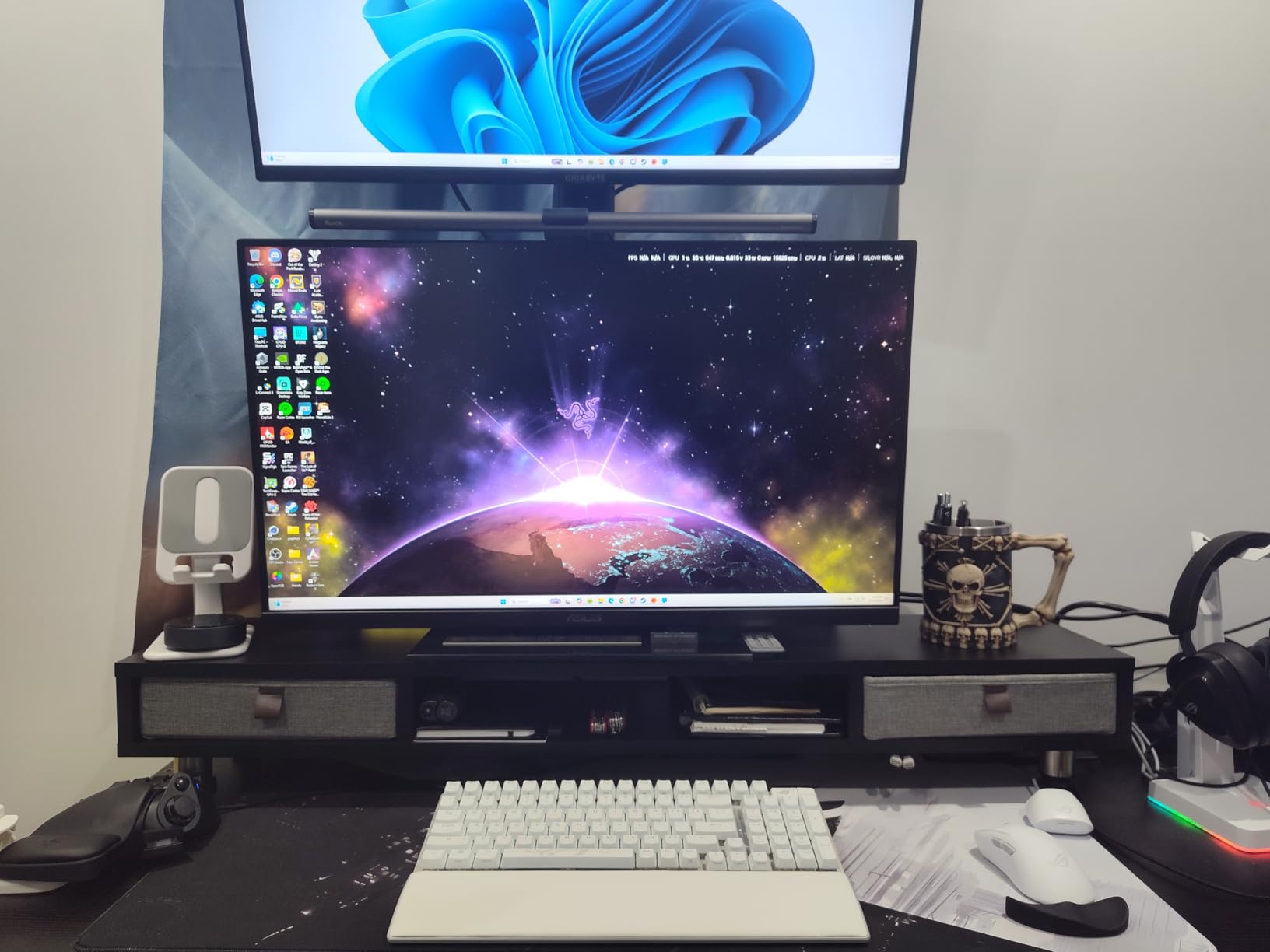 Fenge Monitor Stand, Dual Monitor Stand with 2 Drawers, Monitor Riser for 2 Monitors, Adjustable Height Computer Stand customer photo 1