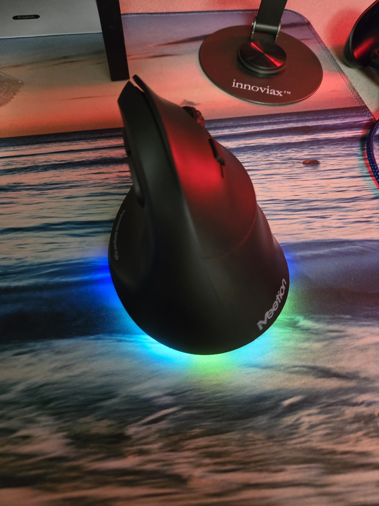MEETION Left-Handed Mouse, Ergonomic Mouse Wireless Vertical Mouse, RGB Rechargeable Mice for Bluetooth(5.2 + 3.0) & USB-A with Type-c Adapter 4 Adjustable DPI for Mac/Windows/PC/Tablet/iPad Purple customer photo 2