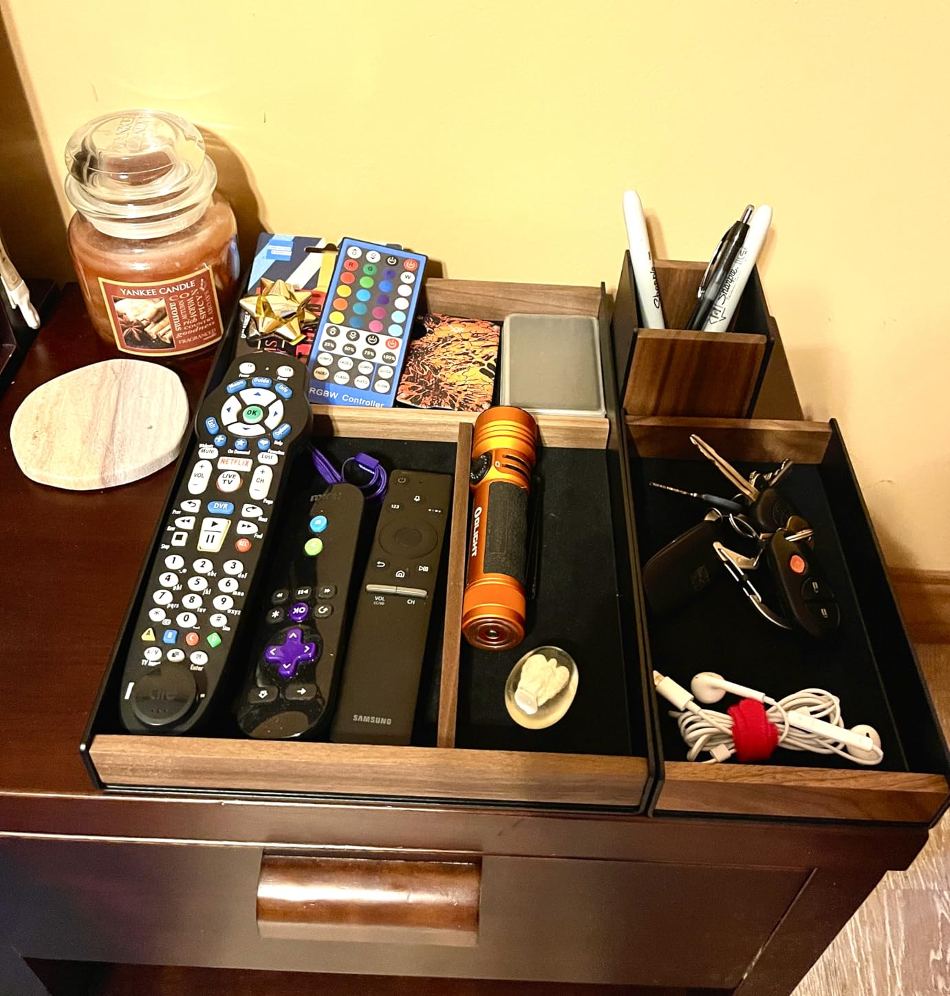 UPERGO Walnut Desk Tray with Pen Holder Set, Natural Wooden Desk Drawer Organizer Office, Organizer Tray for Keys, Pen, Watch customer photo 2