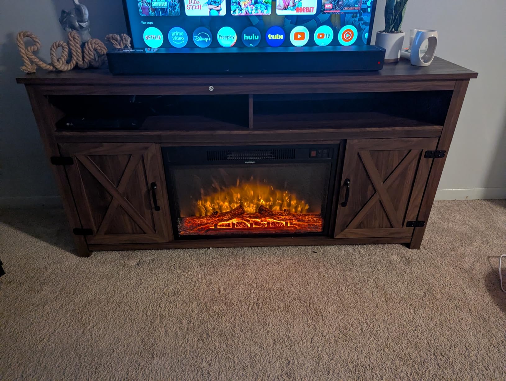 Furmax Farmhouse Fireplace TV Stand for TVs Up to 65 Inch Highboy Entertainment Center with Open Storage and Side Cabinets Rustic Media Console Table with Barn Doors for Living Room (Barnwood) customer photo 1